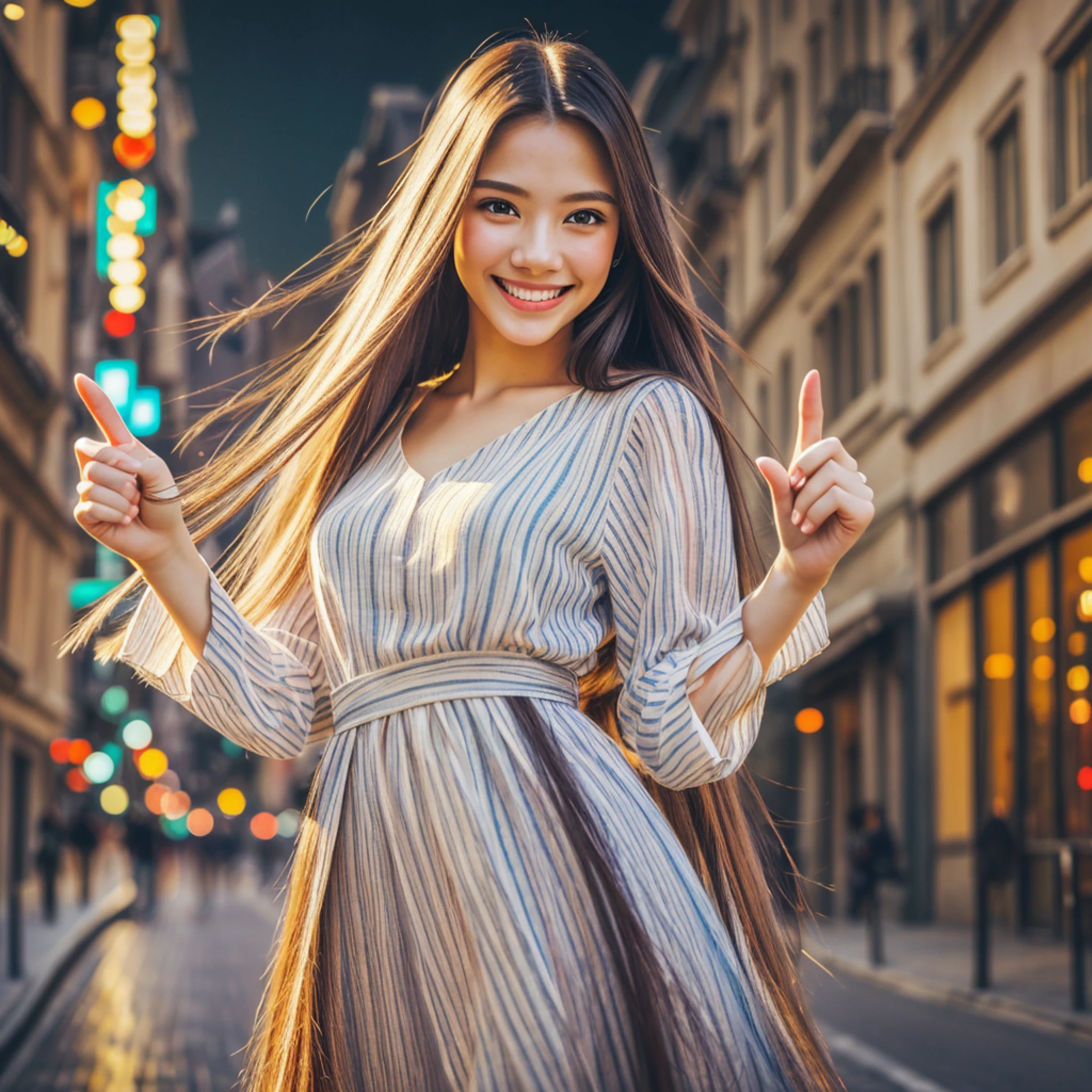 arafed woman in a dress standing on a city street with her hands up, asian girl with long hair, girl with long hair, long glowing hair, beautiful asian girl, attractive girl, beautiful young asian woman, beautiful asian woman, girl with super long hair, long hair girl, posing in an urban street, with long hair, dramatic smiling pose, cute woman