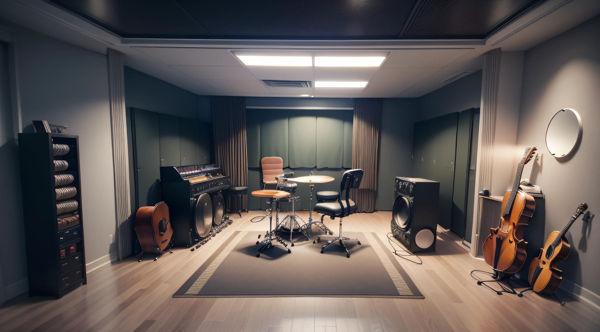 Image of a musical production environment with innovative designer, with technical room and capture room separated by a glass, with acoustic drums and a waiting room