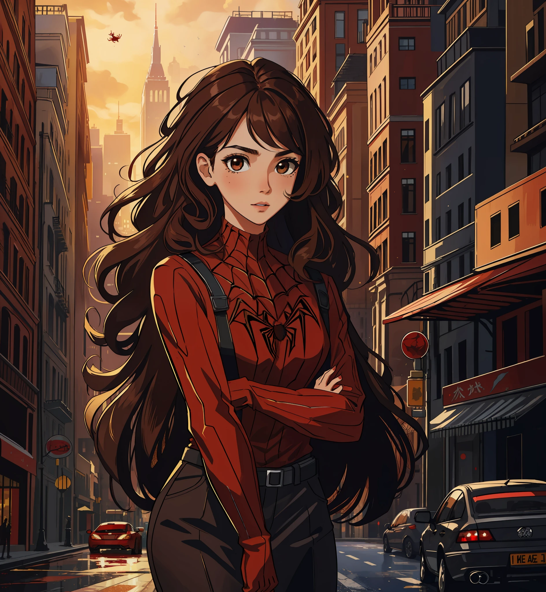 (masterpiece, best quality), intricate details, 8k, artstation, wallpaper, official art, splash art, sharp focus, girl, long hair, brown eyes, brown hair, spider suit, red spider web print, spider web,
skyscrapers, city, buildings, cars, street, curly hair