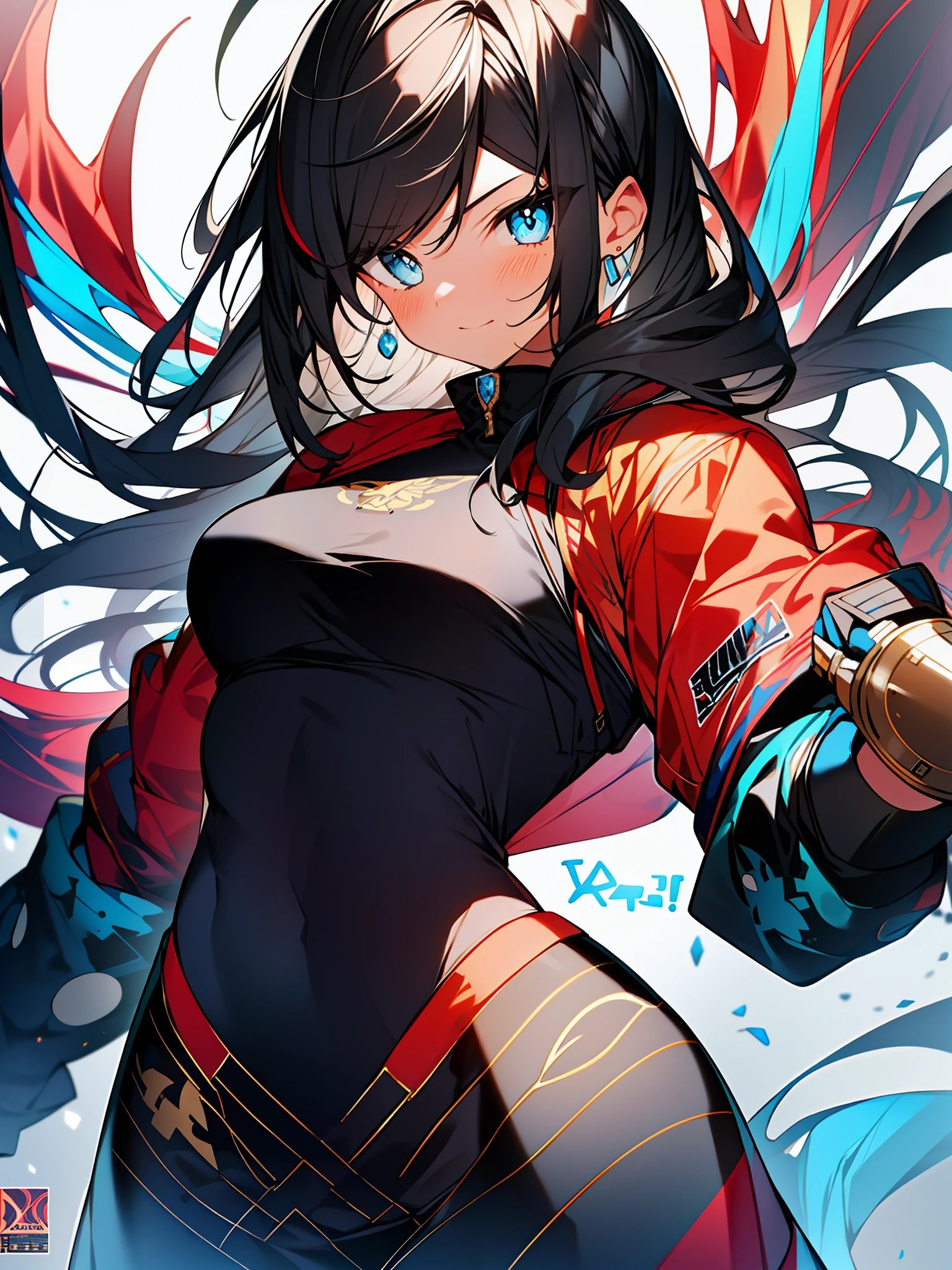 3girls, excellent lighting, sidelighting, (curvy: 1.2), vhsKeeper, background, mixed-language_text, Japanese graffiti letters, GUILTY GEAR -STRIVE style perfect(flat color: 1.3), (magazine_cover: 1.4), (multicolored_background: 1.3), striped_background, card_background, :: comix style by joe madureira :: , perfect and detailed, ultra detailed shirt with abstract design, with Japanese graffit print on the sides of the dress,  image of full-bodied women large breasts fighting alongside you with powerful dragons versus alien creature full of tentacles, with immersive effects, hover effect, background style graffiti tribal tattoo with vibrant colors "ultra hdr" detailed and with focus effect, (masterpiece: 1.2, best quality), (finely detailed beautiful eyes: 1.2), , ((Solo)), (Degrade eyes:1.4), (Finely detailed eyes and detailed face with long eyelashes:1.3),  in various full-body attack poses, (cute background: 1.2),futuristic costume, super detailed circular metals Clinging to the arms and pants, fantastic paintings