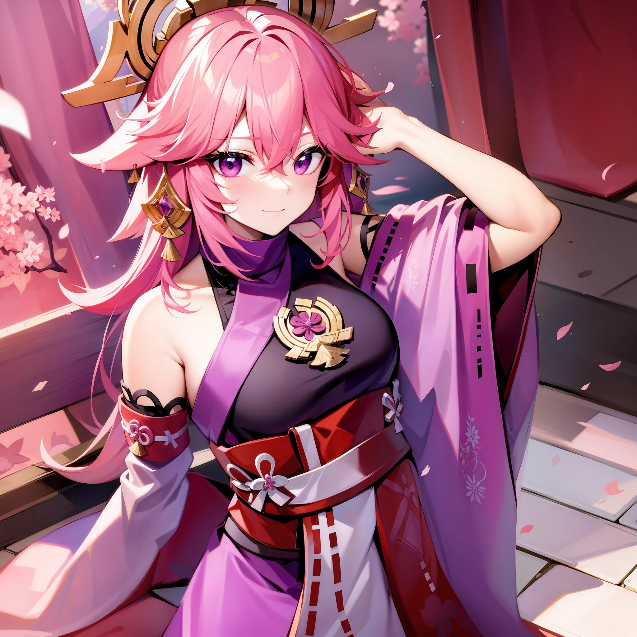 yae miko, Korean modern fashion clothes, pink hair, purple eyes