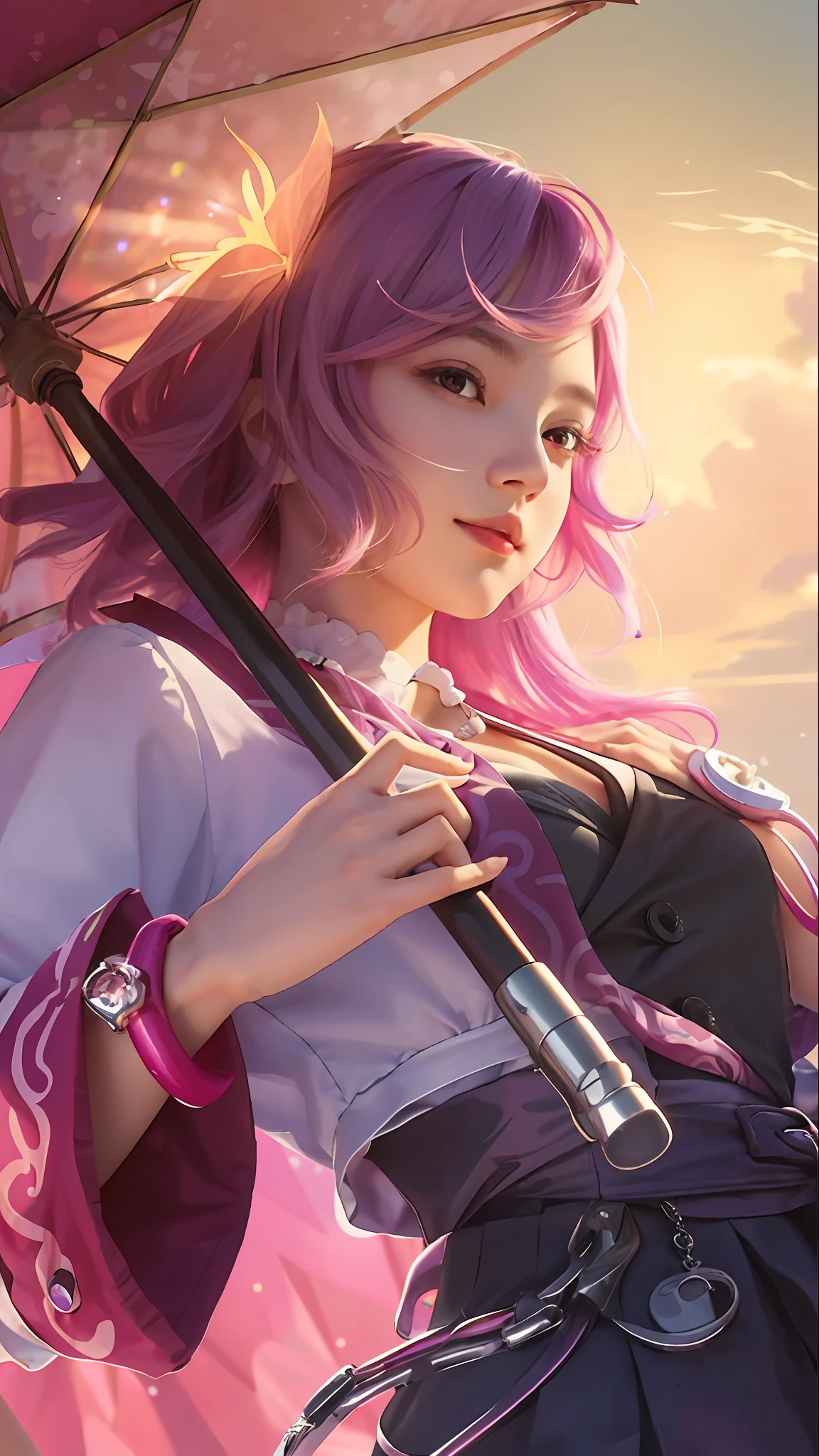 ((best quality+masterpiece)), a kawaii girl holding a pink umbrella, detailed face with bright purple eyes, pink hair, medium-sized breasts, bracelet.