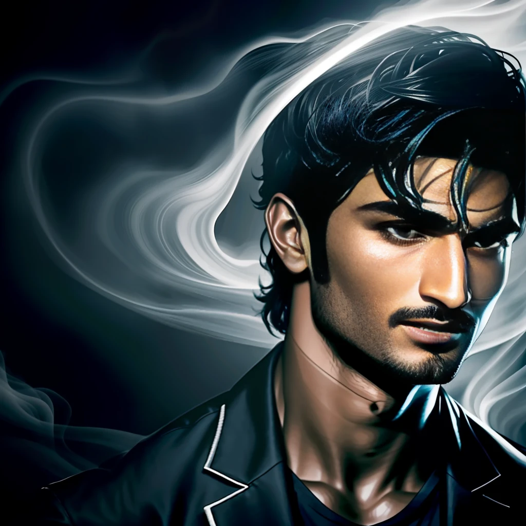 A dark and somber background with a single spotlight shining on a portrait of Sushant Singh Rajput. The portrait is surrounded by a swirling mass of smoke and shadows, representing the darkness and tragedy of Rajput's death. The background should be in shades of black, gray, and blue, with the portrait being the only bright spot.