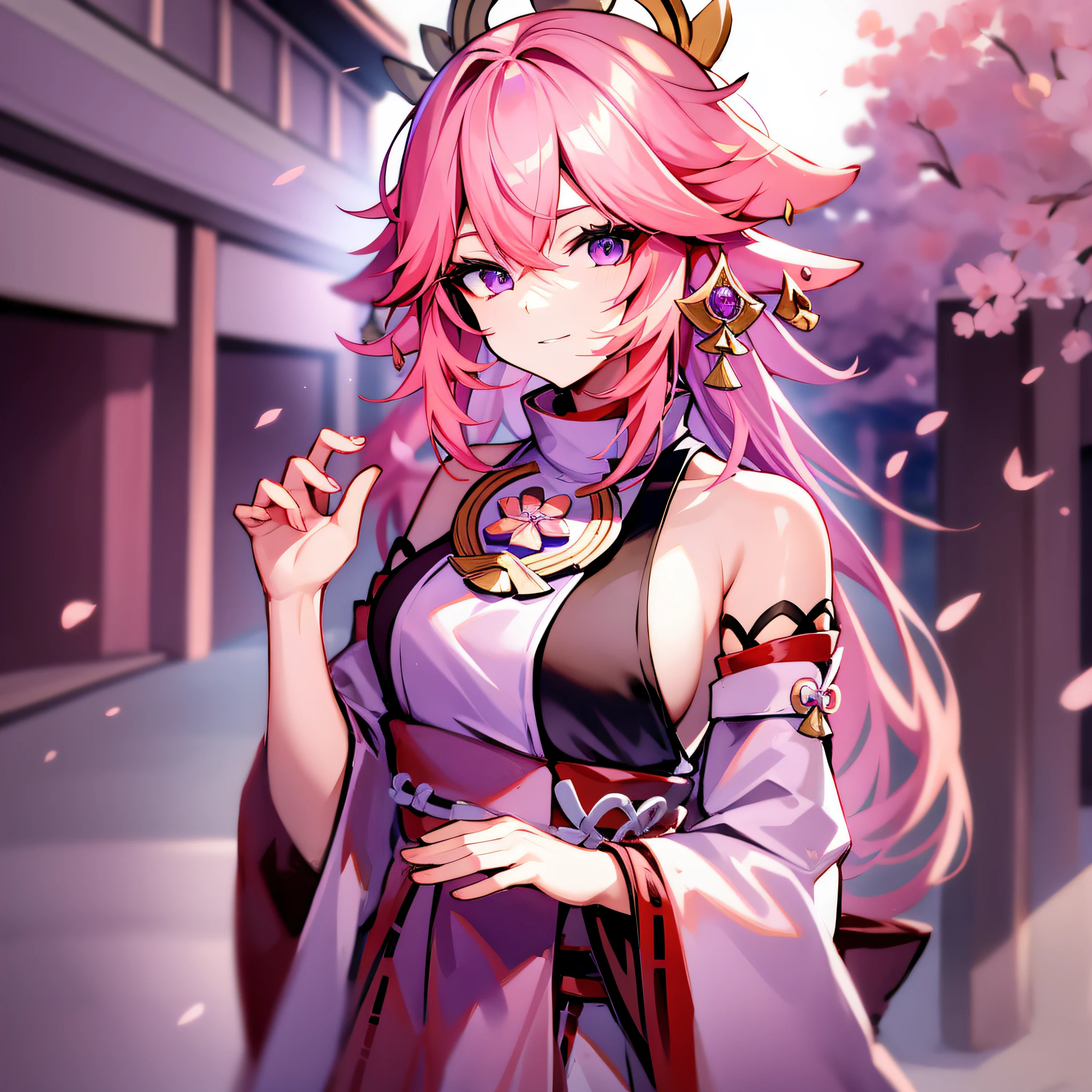 yae miko, Korean modern fashion clothes, pink hair, purple eyes