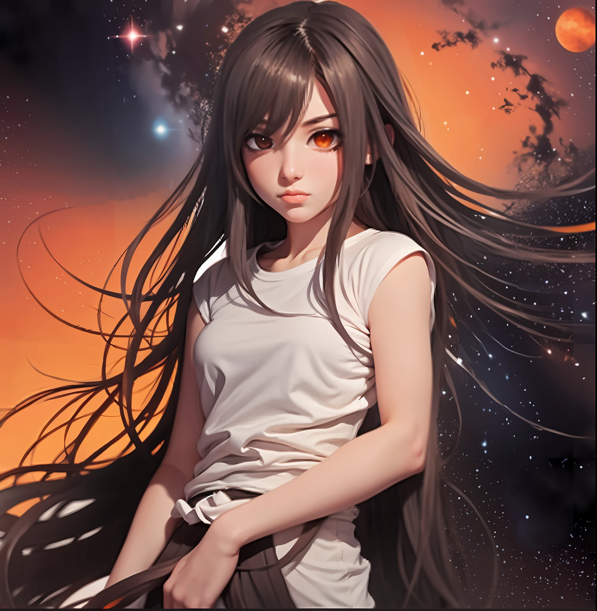 girl, brown hair, orange eyes, arms crossed, in the middle of the cosmos, ((anime style)), white shirt, soft colors, colorful background, cosmic background, soft strokes