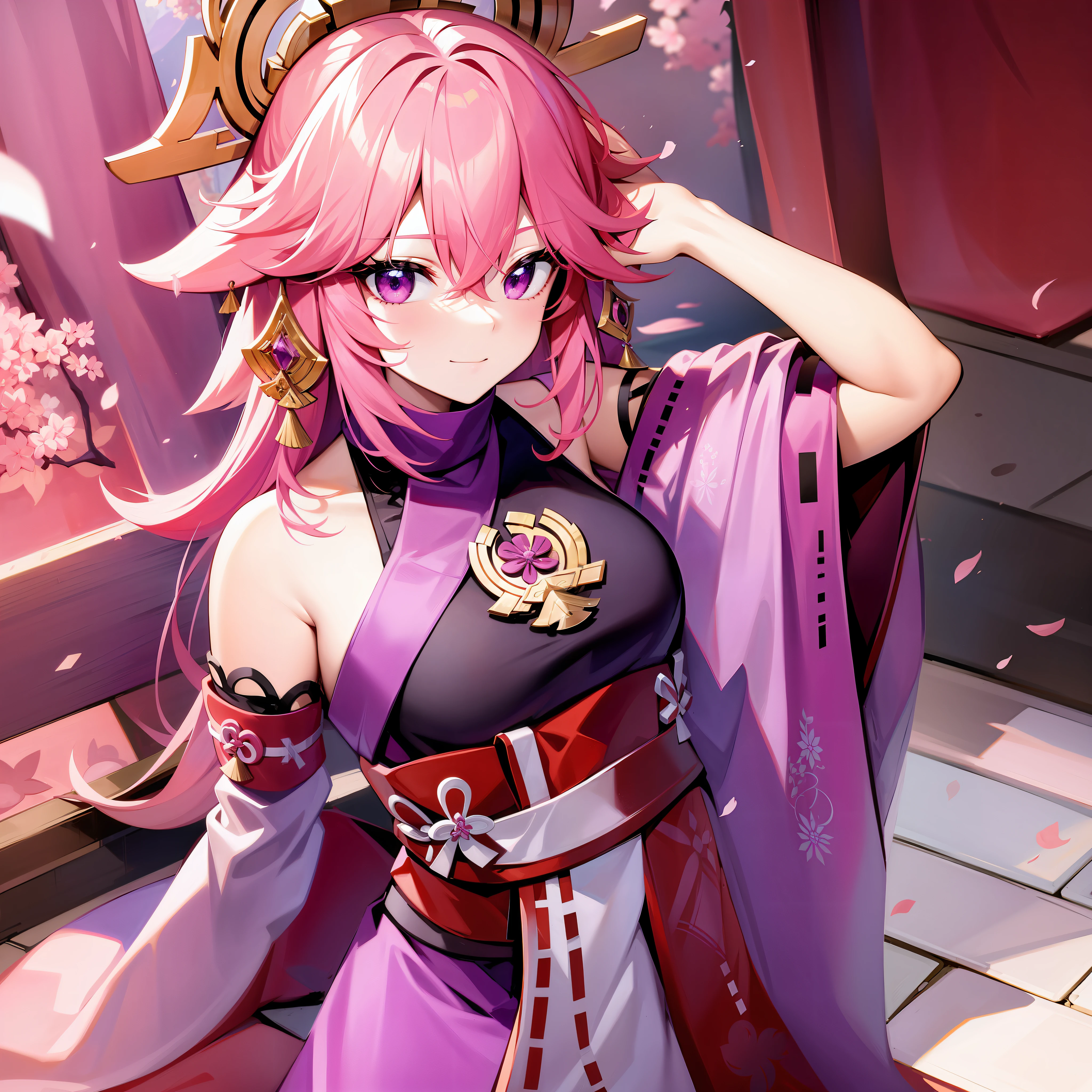 yae miko, Korean modern fashion clothes, pink hair, purple eyes