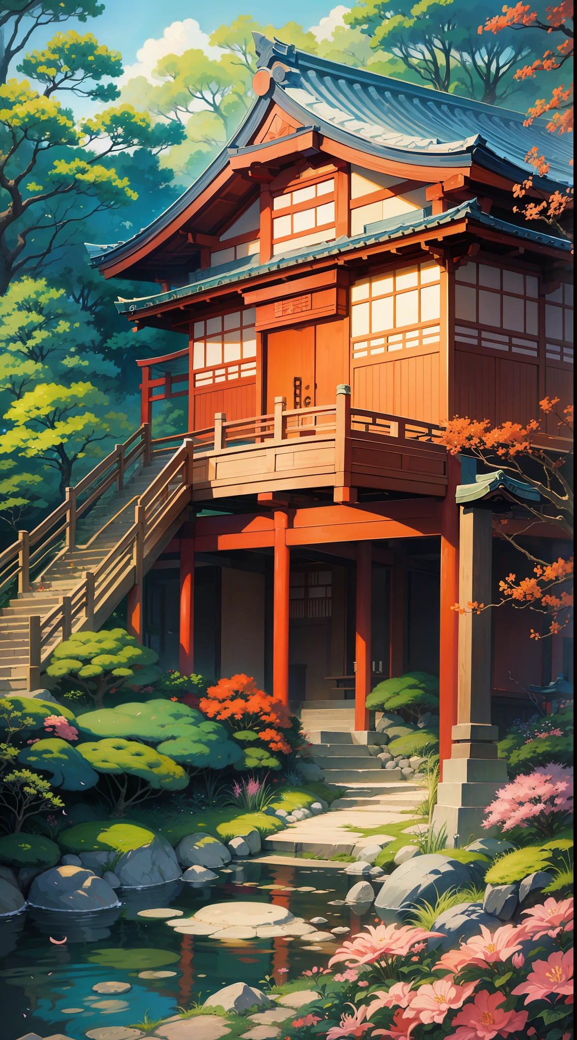 there is a cartoon image of a Japanese garden with a bridge, a digital painting inspired by Tōshi Yoshida, pixiv contest winner, ukiyo-e, anime background art, anime field landscape, anime background, zen temple background, Japanese art style, anime scenery, anime landscape, real garden background,  Detailed scenery art