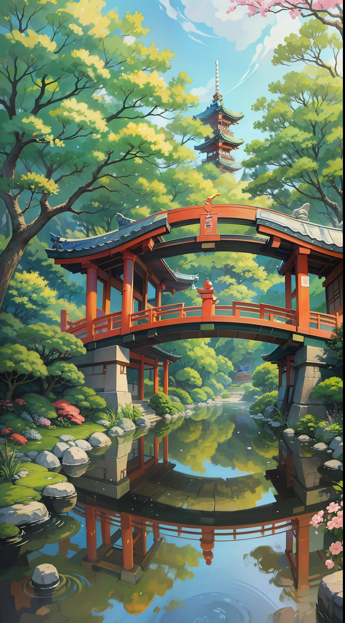 there is a cartoon image of a Japanese garden with a bridge, a digital painting inspired by Tōshi Yoshida, pixiv contest winner, ukiyo-e, anime background art, anime field landscape, anime background, zen temple background, Japanese art style, anime scenery, anime landscape, real garden background, Detailed scenery art