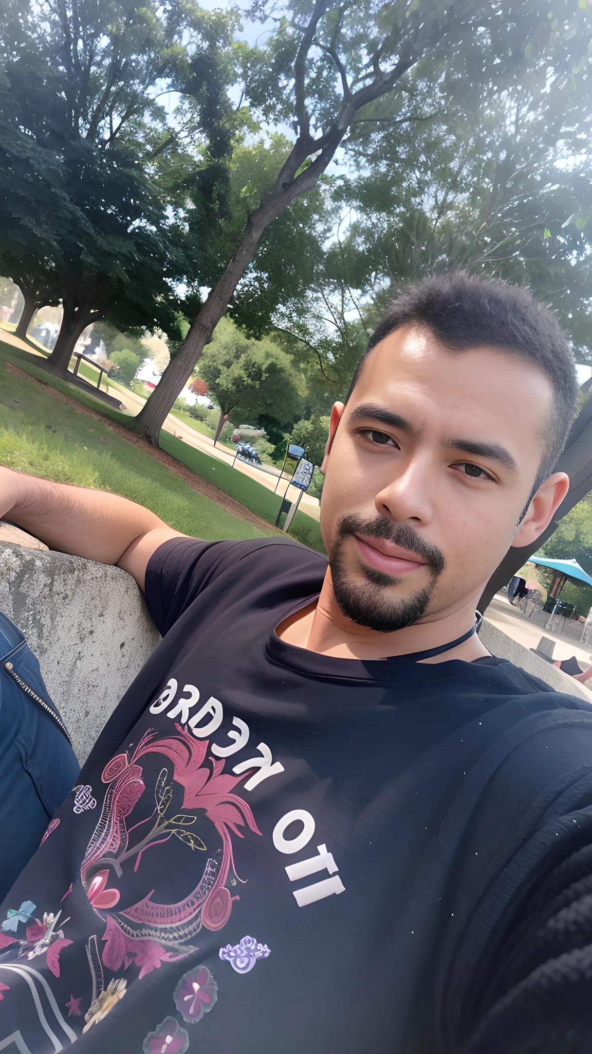There is a man sitting on a bench in a park, with a park in the background, in a city park, about 24 years old, in a park, in the park, in a park, in the park, in the park in the background, in the city, about 40 years old, Silvio Santos, taken in early 2023 --auto --s2