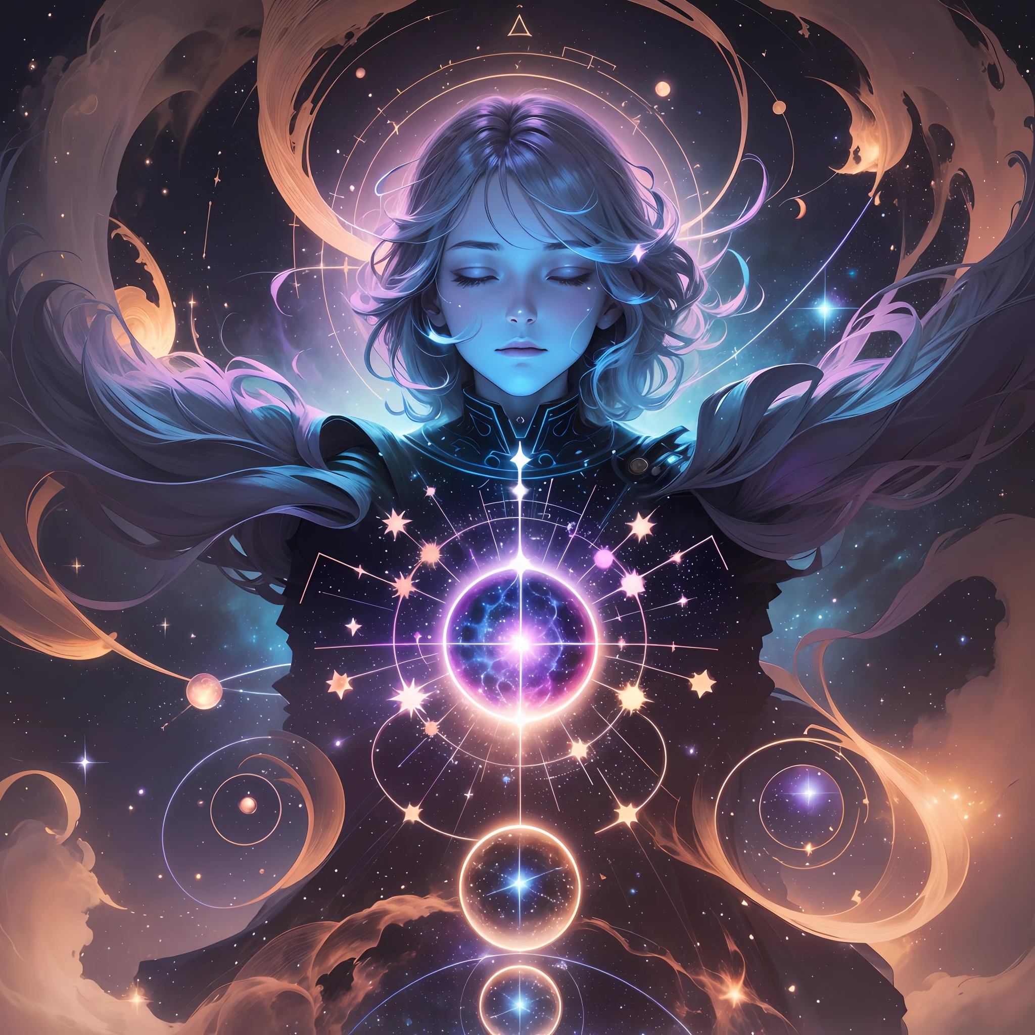Astronir's legendary chart, the Awakened Cosmos, is a magnificent and imposing representation of cosmic power. The illustration depicts Astronir in all his divine glory, highlighting his heavenly aura and majesty.   The card is predominantly in shades of deep blue and cosmic violet, with subtle shades of silver and gold scattered throughout the illustration. These colors evoke the mysterious vastness of the cosmos and the radiant aura of the god.   The card has a special, holographic glow, where the stars and nebulae depicted seem to come to life. As the card moves, small dots of light flicker and move throughout the illustration, giving the feeling of a starry sky in constant motion.   The illustration is detailed and lush, with fluid and elegant lines. Astronir is at the center of the chart, floating on a background of starry deep space. His bearing is imposing, with open arms, emanating cosmic energy in all directions. It is surrounded by bright stars, radiant constellations and spiral nebulous clouds that stretch throughout the illustration, creating a sense of depth and mystery. --auto --s2