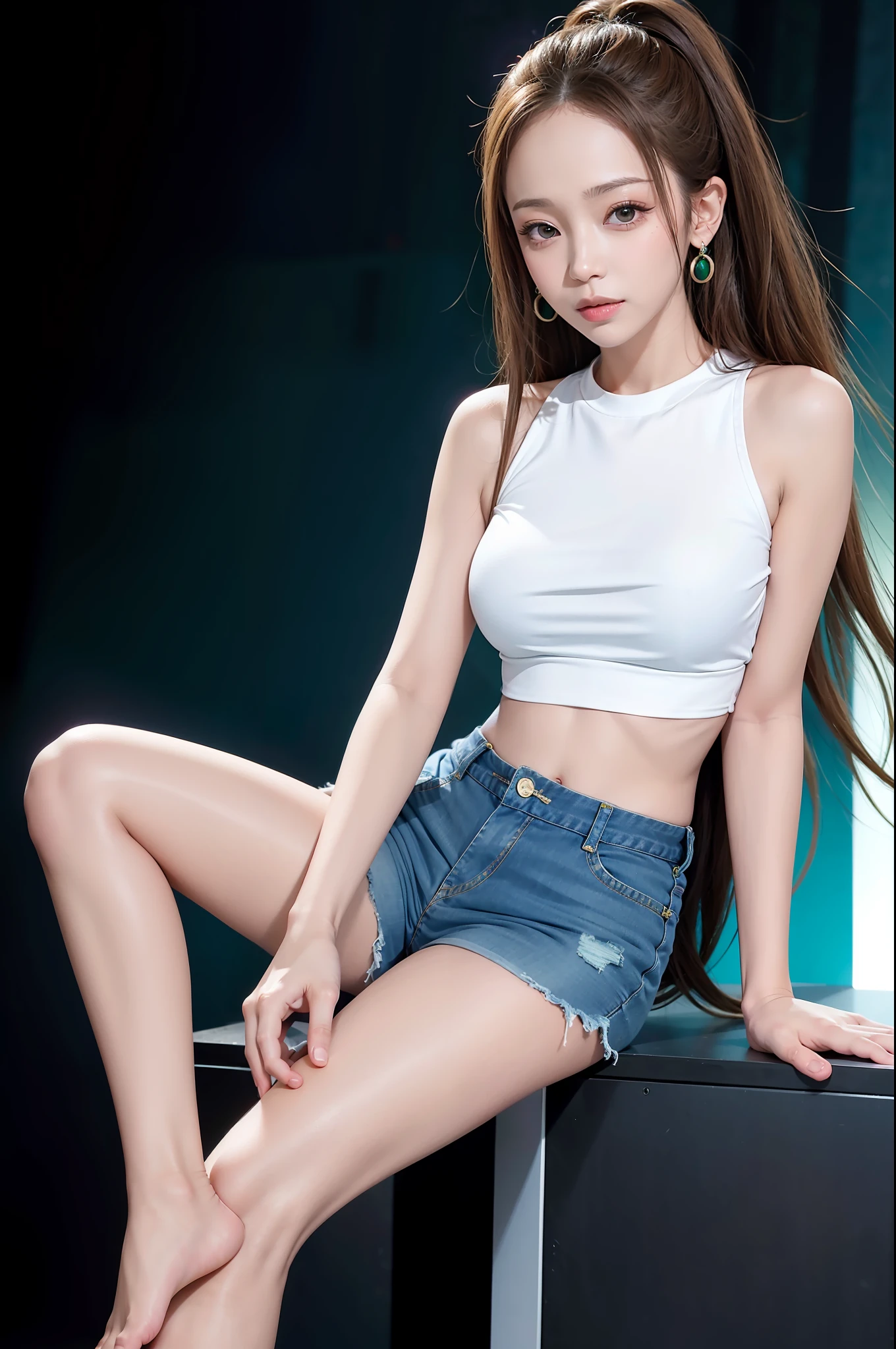 namie amuro, solo, woman, , (parted lips,light smile),(shiny skin:1.1), blush, skindentation, (thin body), tall, long legs, sun tan skin, wearing a green top and jeans barefeet and earrings, looking at the camera looking ahead, on stage portrait, photo referenced, best quality, ultra high res, (photorealistic), (detailed face and eyes),