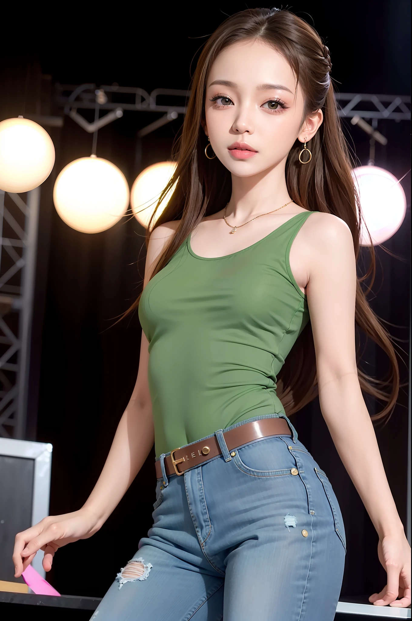 namie amuro, solo, woman, , (parted lips,light smile),(shiny skin:1.1), blush, skindentation, (thin body), tall, long legs, sun tan skin, wearing a green top and jeans barefeet and earrings, looking at the camera looking ahead, on stage portrait, photo referenced, best quality, ultra high res, (photorealistic), (detailed face and eyes),