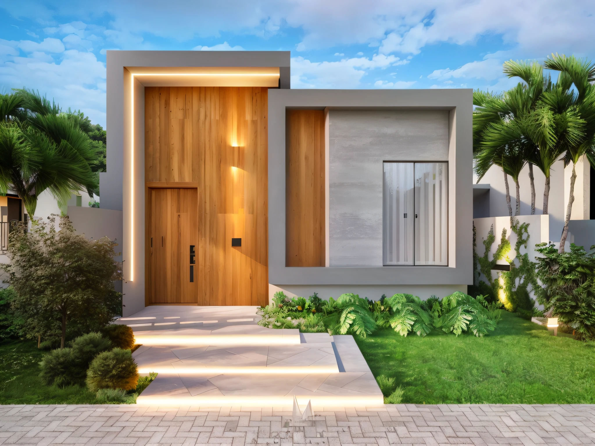 a rendering of a modern house with a wooden door and a stone pathway, overall architectural design, exterior design, realistic architecture, architectural 3 d render, beautiful aesthetic design, architectural visualization, modern house, concept house, inter dimensional villa, modern style, high quality architectural art, render to resolute perfection, architectural concepts, architectural rendering, residential design