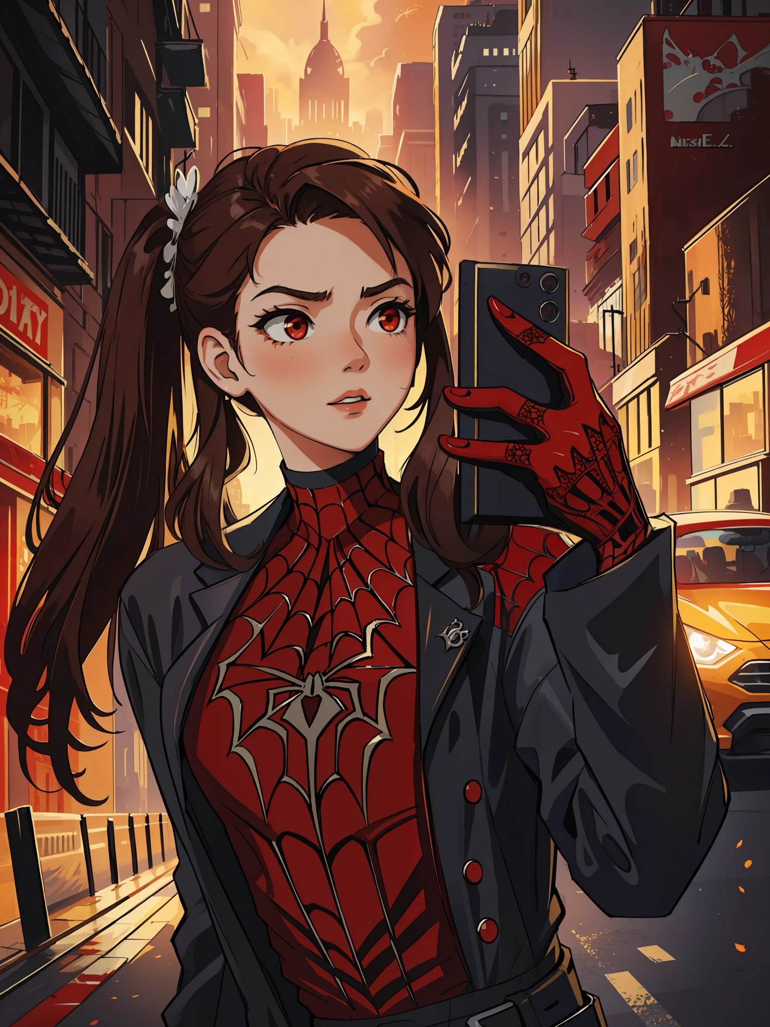 (masterpiece, best quality), intricate details, 8k, artstation, wallpaper, official art, splash art, sharp focus,
1girl, long hair, twin tails, red eyes, brown hair, 
 spider suit, spider web printing, spider web,  
skyscrapers, city, buildings, cars, street,