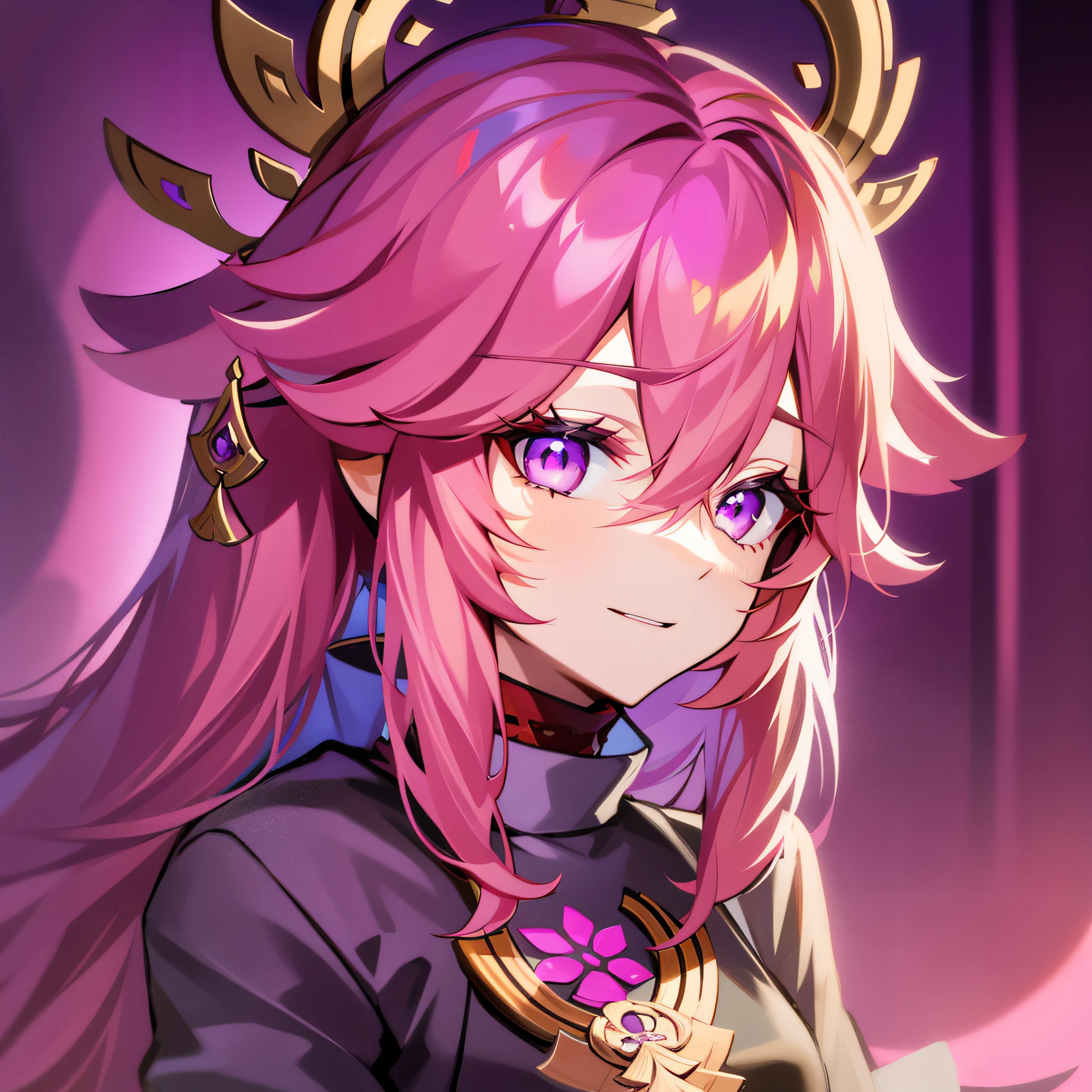 yae miko, wearing dr clothes , pink hair, purple eyes