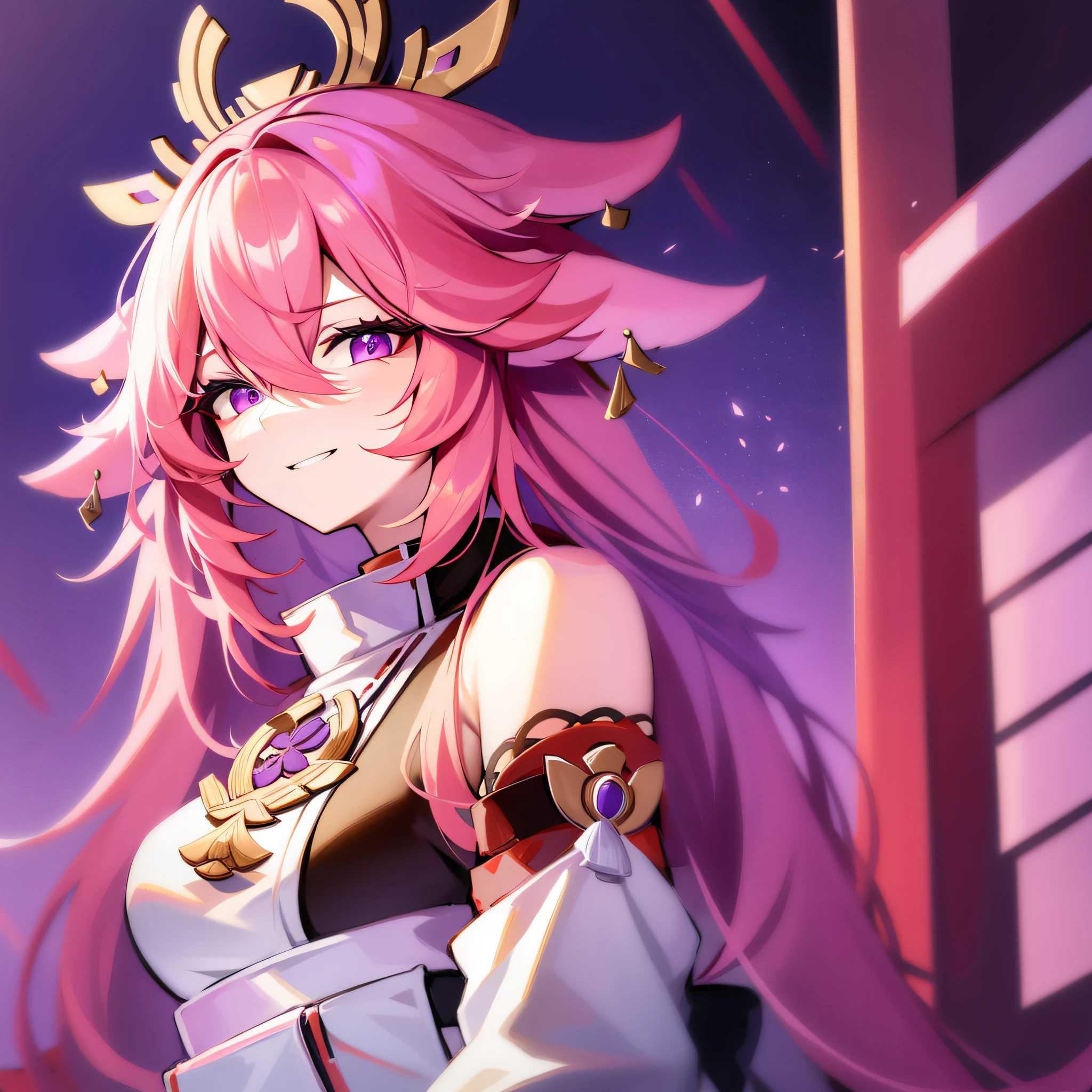 yae miko, wearing dr clothes , pink hair, purple eyes