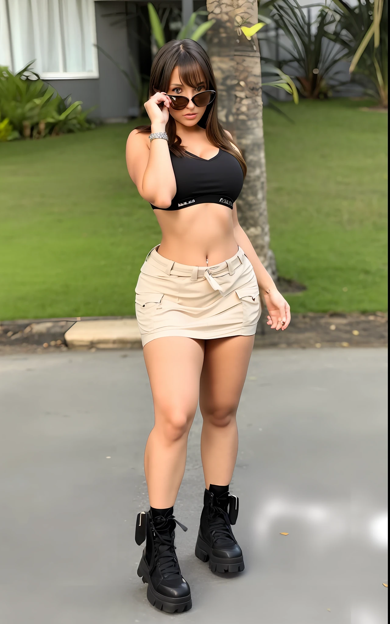 Araffe ( girl ) Young (( 15 years )), (( large breasts, with protruding beaks )), in a black top and tan skirt is walking, High quality , ((details on face, quality 8k ) ) sexy girl, short miniskirt, (belly out), (curvy), (wide hip with sexy curves) sexy look, tight clothing, sexy style, miniskirt, looks fabiula birth, short skirt, sexy girl wearing shorts, sexy outfit, wearing top and miniskirt, model woman, violet myers, andrea rock, (large and voluminous breasts) (thin waist) beautiful ager ((flat belly, muscular)) details on face quality 4k