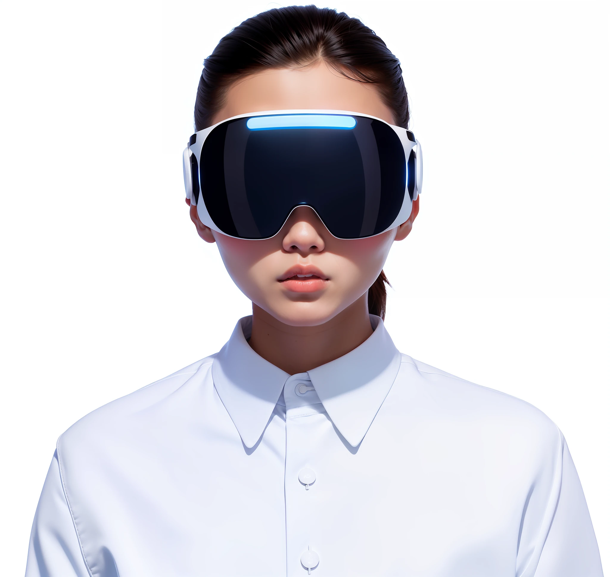 asian woman in a restaurant background wearing a white shirt and blue glasses, sleek oled blue visor for eyes, oled visor over eyes, oled visor for eyes, glowing oled visor, glass oled visor head, vr iridium visor, futuristic vr headset, wearing vr goggles, glass oled mecha visor, wearing vr, wearing vr glasses, wearing a vr-headset, wearing a vr headset