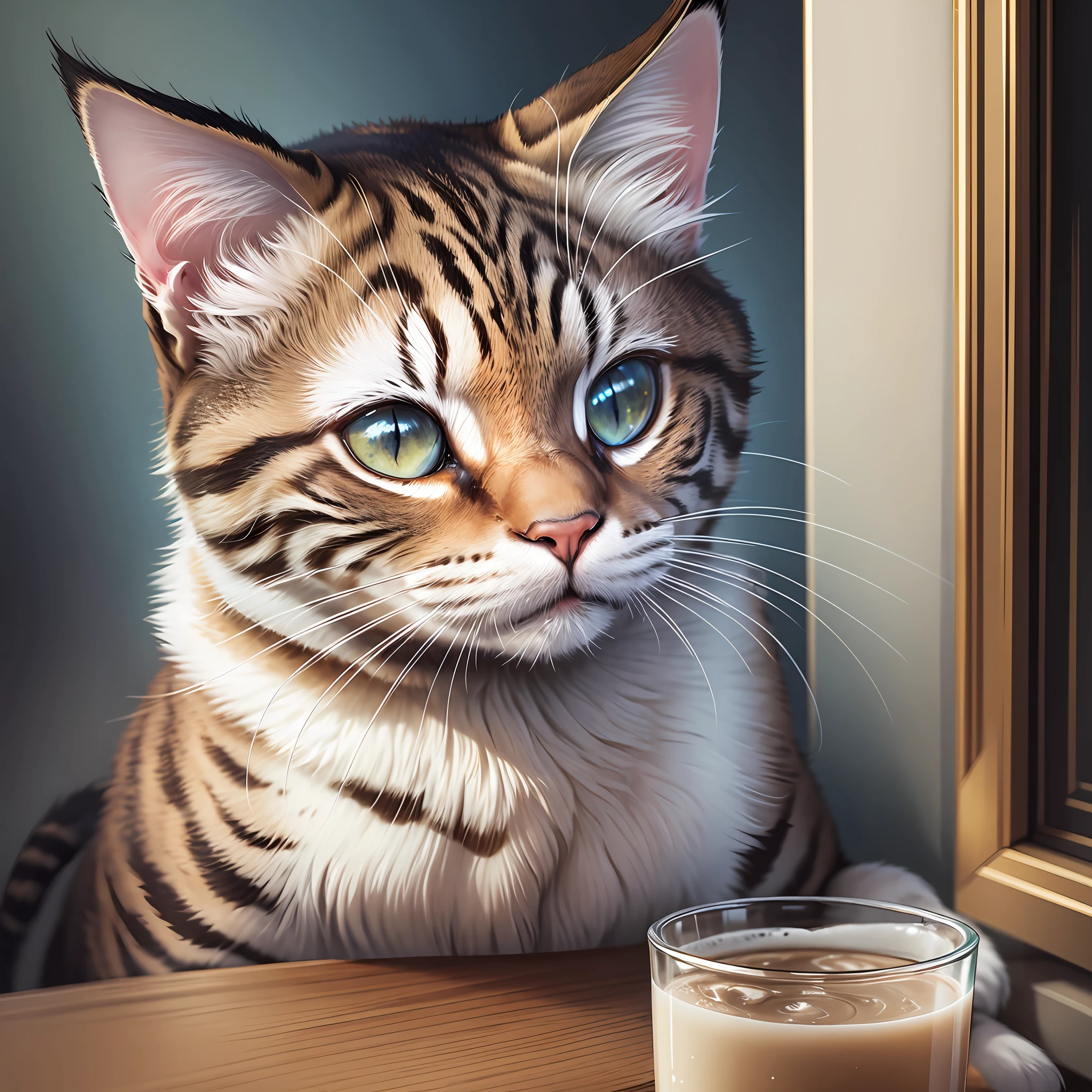 There is a cat sitting next to a glass of milk, cat drinking milk, illustration of 1 cat, ultra-realistic illustration, ultra-realistic illustration, hyper-realistic illustration, a cat. realistic painting, by Wayne England, realistic illustration, hyper realistic illustration, portrait, close portrait, award-winning hyper-realistic, by Lisa Milroy, by Galen Dara --auto --s2