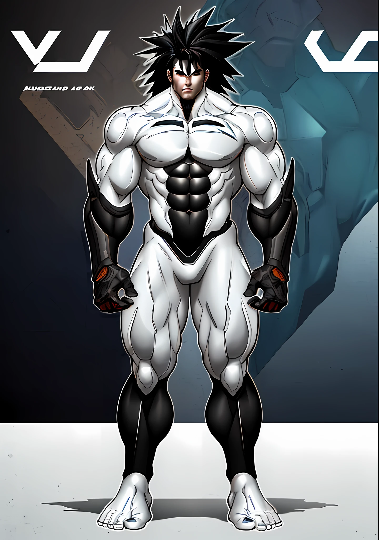 A cartoon of a man with a muscular body and black hair, full body concept, wild whole body, humanoid form, muscular! white, muscular character, detailed full body concept, muscular!! sci-fi, full-body-front-shot, muscular male undead cyborg, adult shaded cell phone animation, full body image, muscular, spiky black hair!!