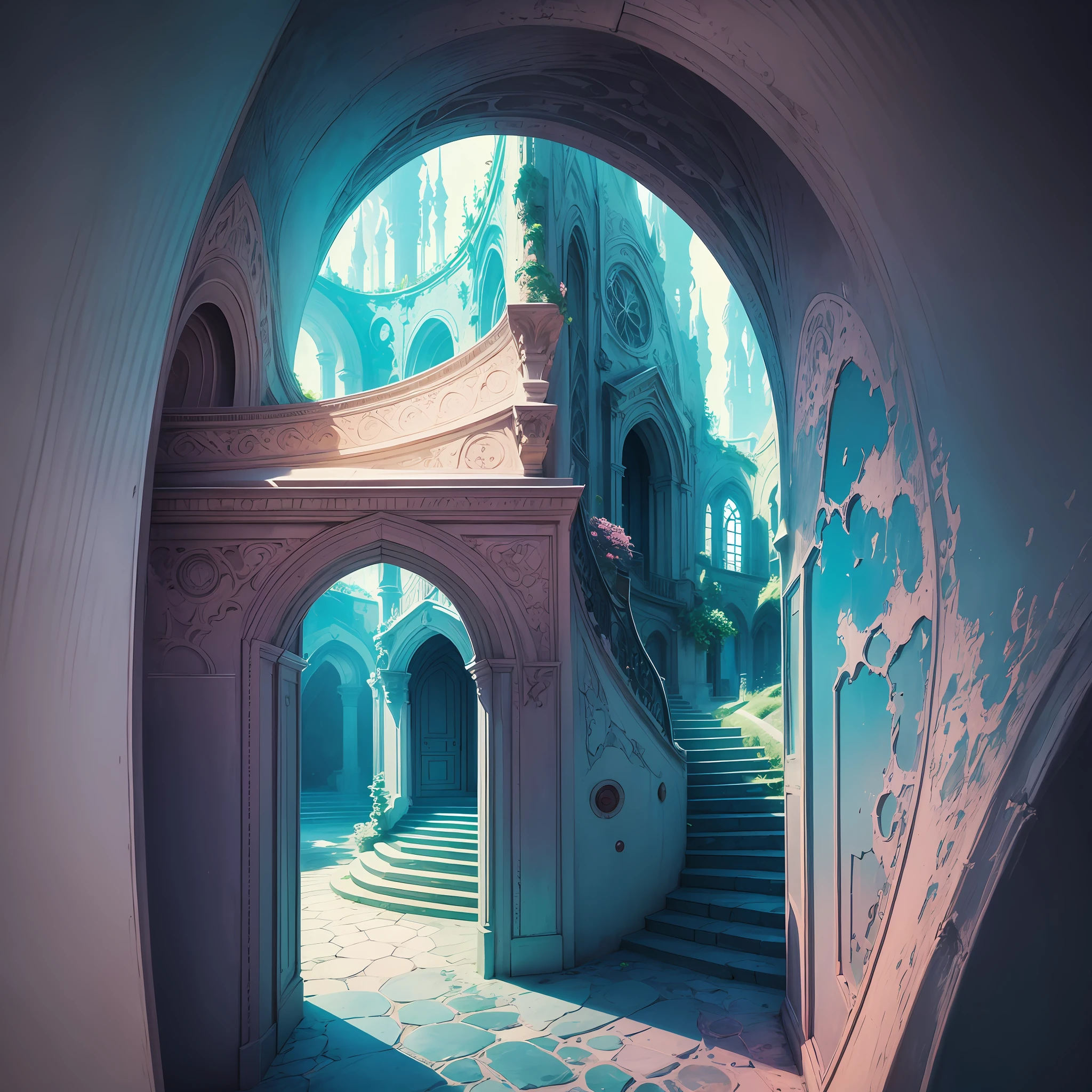 "The world of dreams": Imagine a dreamlike and surreal world, where the laws of physics do not apply. Create a landscape composed of unusual elements such as floating stairs, doors leading to unlikely places, and vibrant colors. --auto --s2
