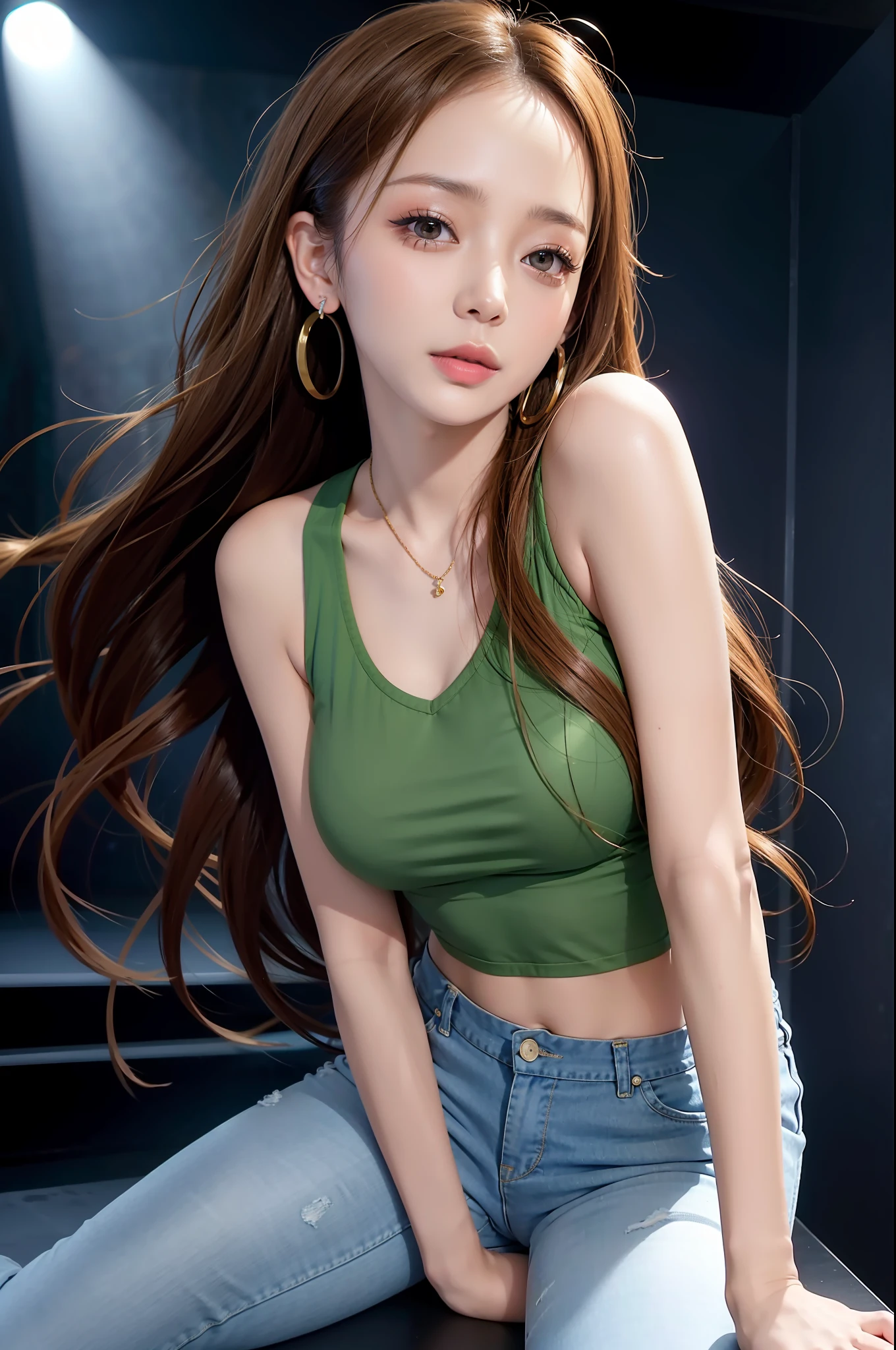 namie amuro, solo, woman, , (parted lips,light smile),(shiny skin:1.1), blush, skindentation, (thin body), tall, long legs, sun tan skin, wearing a green top and jeans barefeet and earrings, looking at the camera looking ahead, on stage portrait, photo referenced, best quality, ultra high res, (photorealistic), (detailed face and eyes),