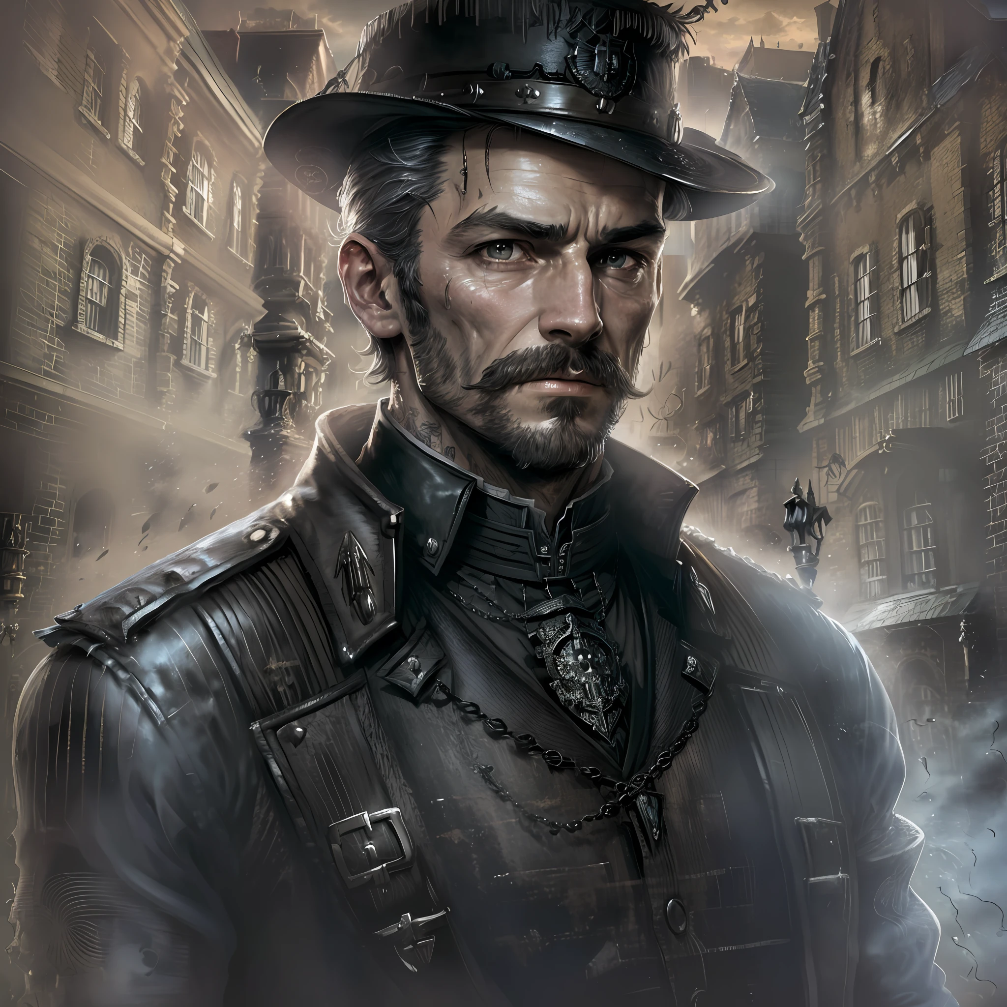 Portrait The order 1886(game), Sir Galahad (The order 1886), London street in the Victorian era at night, dark, haunting streets, a man in costumes from Game The order 1886, costumes in black and gold.