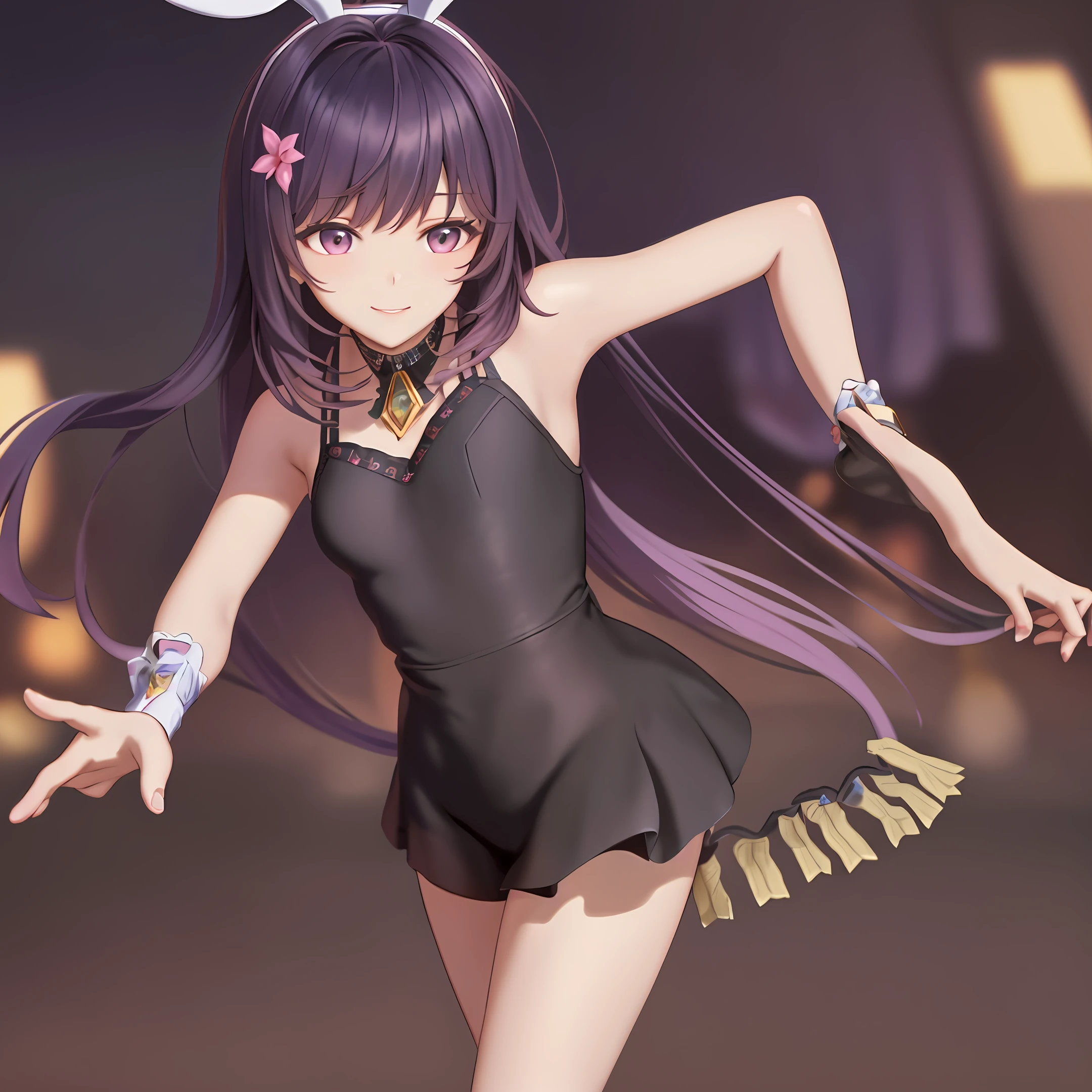 Please create an illustration that imagines Kaede Takagaki wearing a pink stage costume and singing. Try to highlight Kaede Takagaki's characteristic appearance: her long black hair and petite stature of 153 cm. Also, assuming that the background is a purple curtain that resembles a live house stage, please feel free to set the pose and expression of Kaede Takagaki. masterpiece, best quality, (highly detailed cg unity 8k wallpaper, masterpiece, best quality, ultra detail, best shadows), (detailed background), (beautiful detailed face, beautiful detailed eyes), high contrast, (best lighting, very delicate and beautiful),1girl,((colorful paint splashes isolated on transparent background, dulux,))), (caustic)), dynamic angle,beautiful detailed brilliance,whole body, Luzao, Pink low_twintails:1.2, Pink long_hair, elbow_gloves:1.2, Choker, green_eyes:1.3,hair_ornament, Hair bands,Jewellery, Ribbons, Sleeveless, Smile:1.3, Black dress:1.2, Bracelet, 2 rabbit_ears:1.2, Earrings Furnace Nezuko, 1 girl, mouth closed, smile, flower, long nails, looking at viewer, petals, pink eyes, purple hair, (((masterpiece)), embarrassed, surrounded by people, walking on the street in public, nsfw, ecchi style, hands on hips, walking in school, playboy bunny, playboy bunny, big thighs