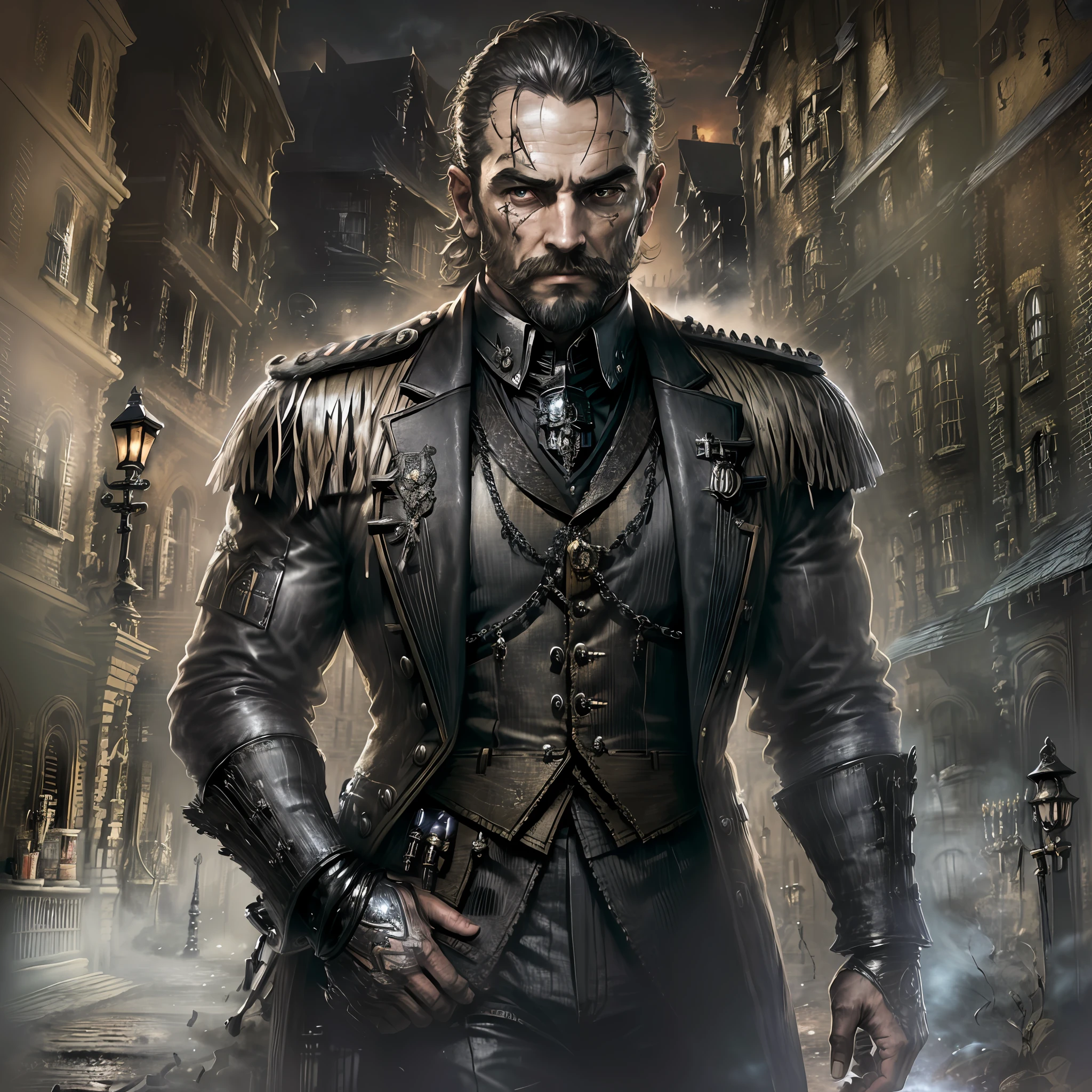 Portrait The order 1886(game), Sir Galahad (The order 1886), London street in the Victorian era at night, dark, haunting streets, a man in costumes from Game The order 1886, costumes in black and gold.