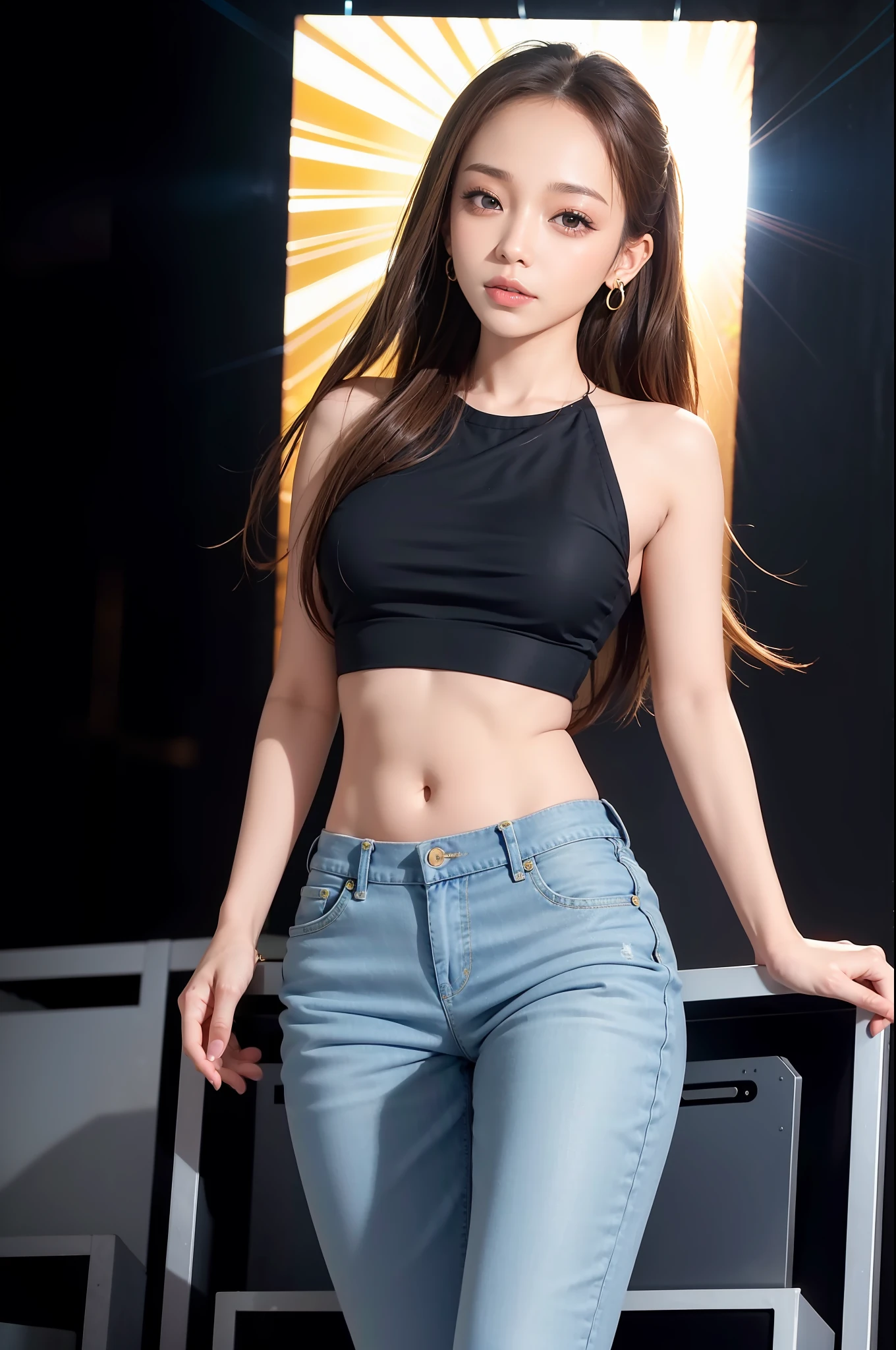 namie amuro, solo, woman, , (parted lips,light smile),(shiny skin:1.1), blush, skindentation, (thin body), tall, long legs, sun tan skin, wearing a green top and jeans barefeet and earrings, looking at the camera looking ahead, on stage portrait, photo referenced, best quality, ultra high res, (photorealistic), (detailed face and eyes),