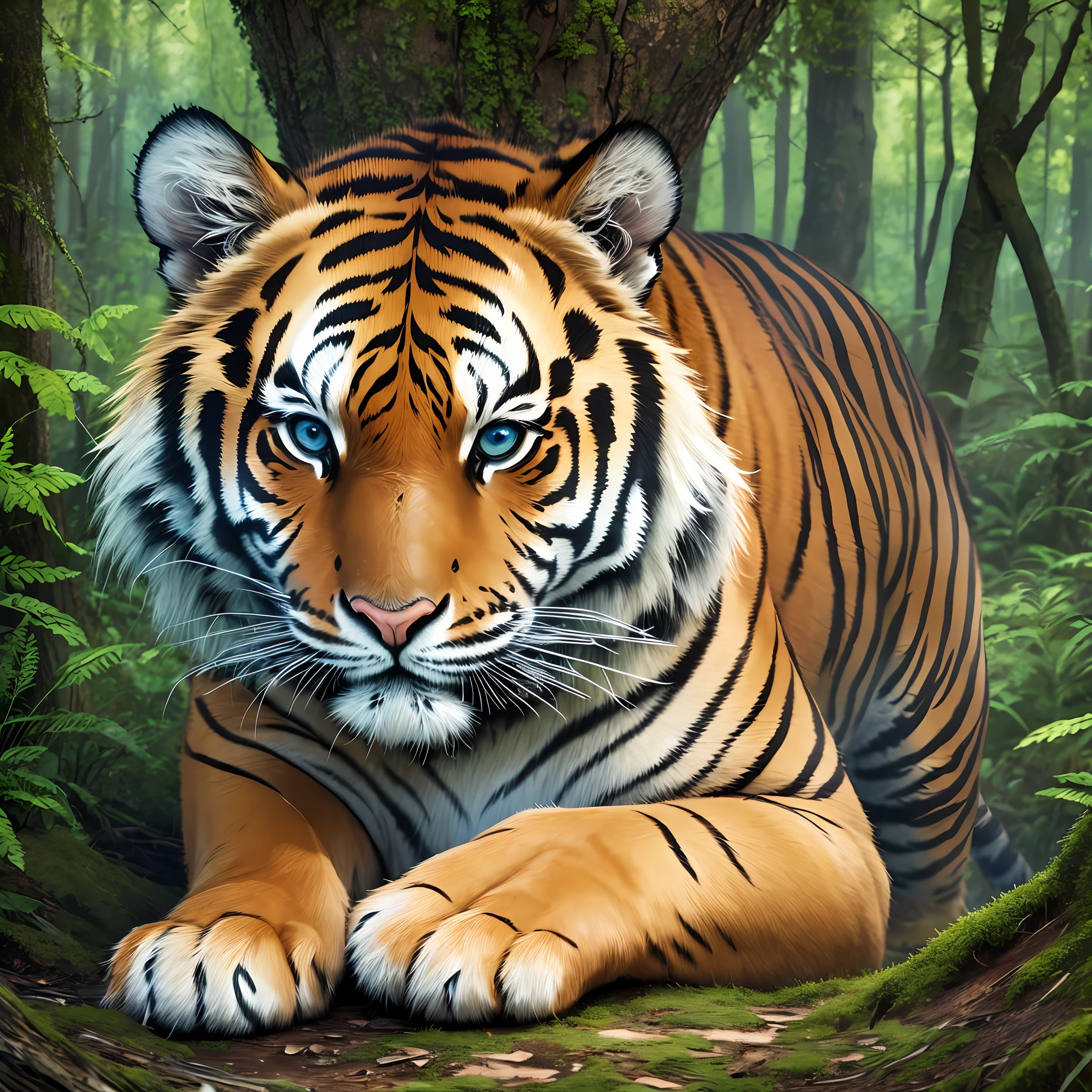 Masterpiece, best quality, ultra-realistic, (grainy:0.3), tiger, background forest clearing, lots of detail, sharp focus, detailed, intricate details, very detailed, detailed eye, photorealistic, sharp focus, digital rendering, professional, 4k --auto --s2