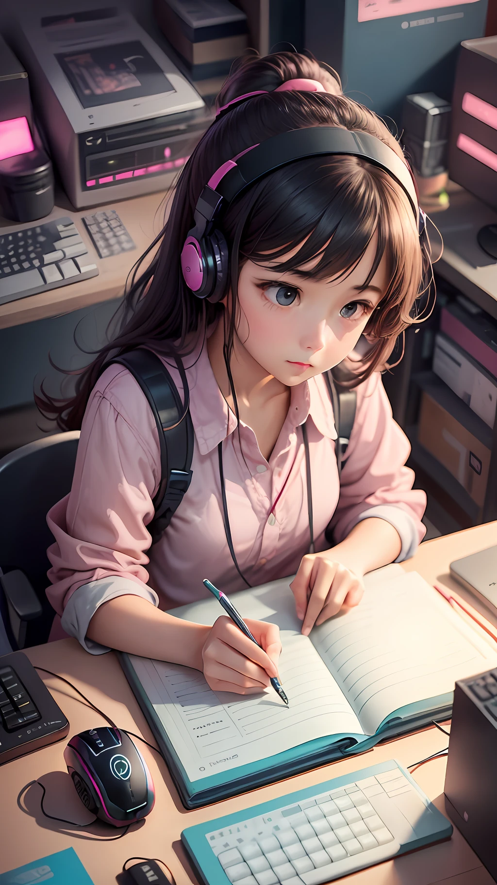 A girl in study playing computer, tech-style, pink, monitor, keyboard, notebook, desk, computer host, mobile phone, mouse, stereo, illustration, Miyazaki