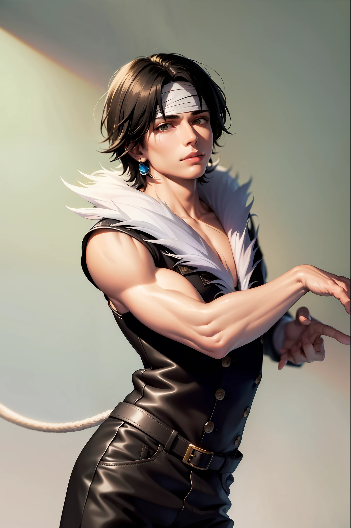 (Masterpiece, Best Quality:1.2), Cowboy Shot, Solo, Male Focus, 1Boy, Hrollo Lucilfer, Inexpressive, Closed Mouth, Formal, Black Coat, Fur Collar, Black Pants, Jewelry, Bandages, (Blood:1.1)