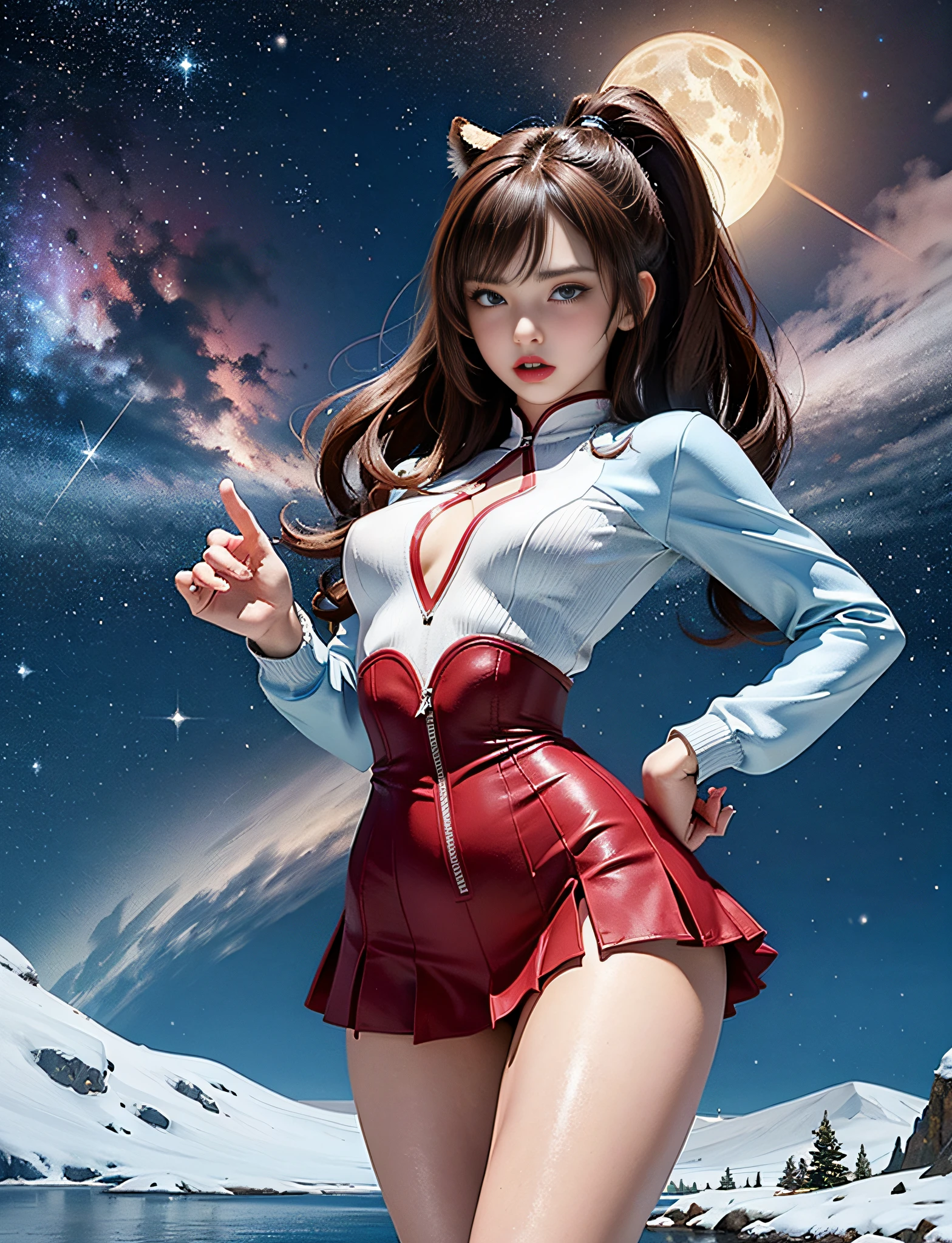 (very detailed RAW color photo), (1 girl), (alone), (30 years), (Goddess body), (athletic), (very defined toned physique), (very defined and beautiful muscular body), (very detailed perfect body), (small and defined breasts), (ultra defined curves), (superior quality, 8k, masterpiece: 1.3), (sharp focus: 1.2), (extremely beautiful girl with perfect figure: 1.4), (very thin waist: 1.2), (ultra detailed skin texture), (perfect and beautiful hands), (smooth and soft skin), (ultra detailed fabric texture), (extremely beautiful ultra detailed face), (perfect butt), (girl wearing a tight thermal mountain jacket with skirt and hiking boots), (extra long curly brown hair with bangs), (extra long ponytail with ribbon), (very detailed and beautiful tiger ears), (hair on face), dynamic pose, (uniform leaves thighs exposed), (ultra detailed and toned legs), ((very wide hips)), ((very thick and toned thighs)), (sexy), ((extreme hourglass figure)), ((very thick heart lips)), ((red lipstick)), ((blue eyes)), ((angry look)), (blush), (makeup), (ultra-defined waist), eye shadow, (full body shot), starry night, night sky, stars, full moon, galaxies and nebulae, snow, on a frozen lake in Siberia