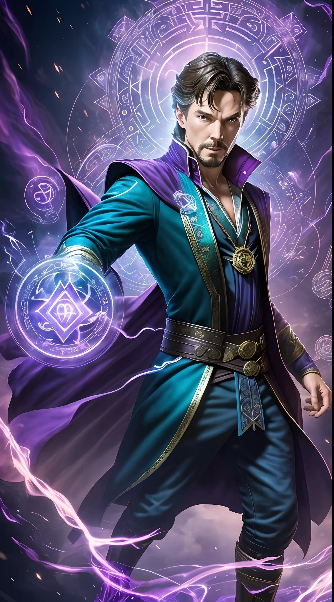 Classic action pose, engaging magical lighting, mystical Kingdom setting, iconic Doctor Strange costume, backdrop with floating runes in bluish and purple, 60s, by Jim Lee, ultra detailed 4k resolution, motion blur effect, 9:16 aspect ratio, automatic color adjustment, style 2.