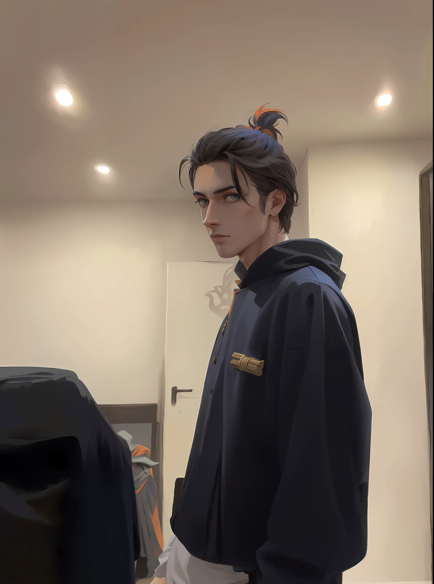masterpiece,best quality,painting of a man,((runecaster, intricate outfit, Bright Orange theme)),guilty look,sinewy slender man,big hair,Dazzling Blue hair,sideburns,Ice Gray eyes,tiny,tropical forest,intricate background,dynamic pose,action scene