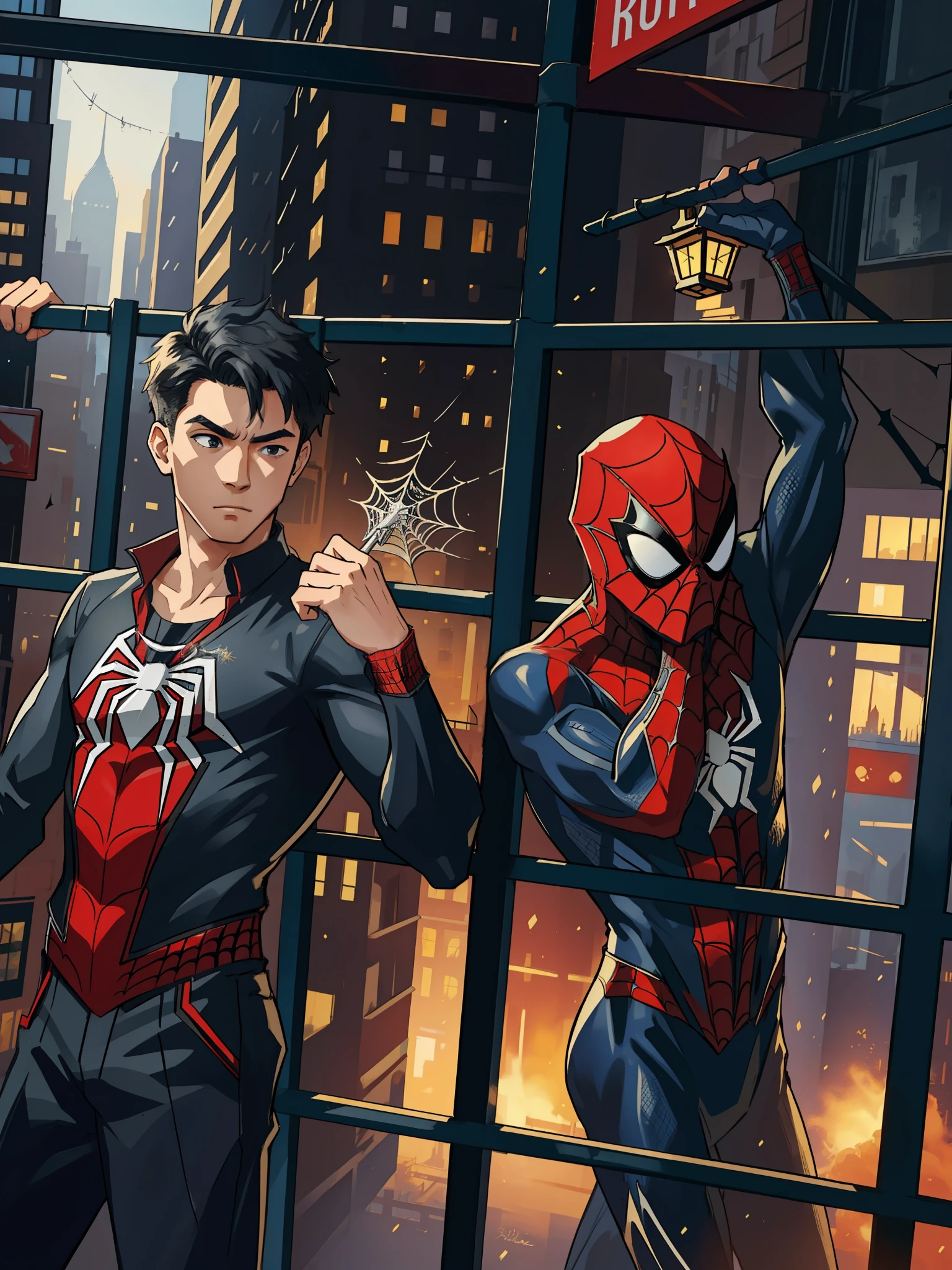 (masterpiece, best quality), intricate details, 8k, artstation, wallpaper, official art, splash art, sharp focus, black hair,
Spider man clothing, spider web print, spider web,
skyscrapers, city, buildings, cars, street, boys