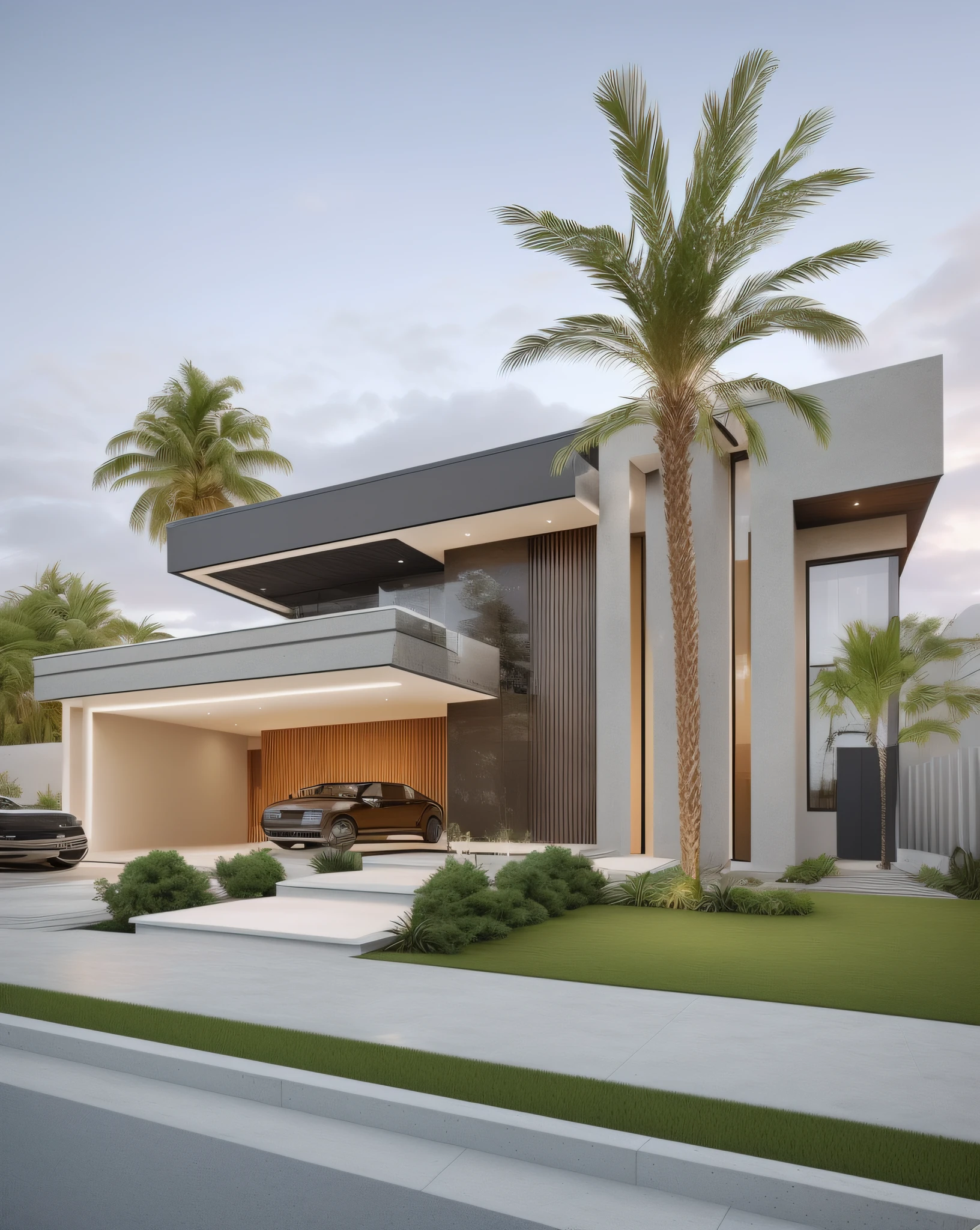 a rendering of a modern house with a palm tree in front, exterior design, concept house, contemporary house, large modern residence, architectural rendering, arhitectural shot, neotraditional modern, render to resolute perfection, realistic architecture, architectural render, modern style, architectural visualization, architectural 3 d render, architectural concepts, architectural concept, overall architectural design, modern house