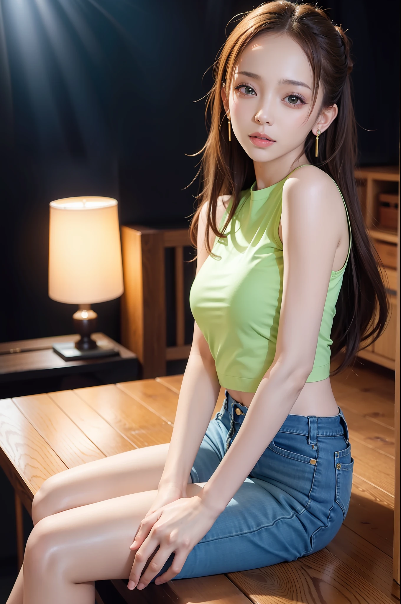 namie amuro, solo, woman, , (parted lips,light smile),(shiny skin:1.1), blush, skindentation, (thin body), tall, long legs, sun tan skin, wearing a green top and jeans barefeet and earrings, looking at the camera looking ahead, on stage portrait, photo referenced, best quality, ultra high res, (photorealistic), (detailed face and eyes),