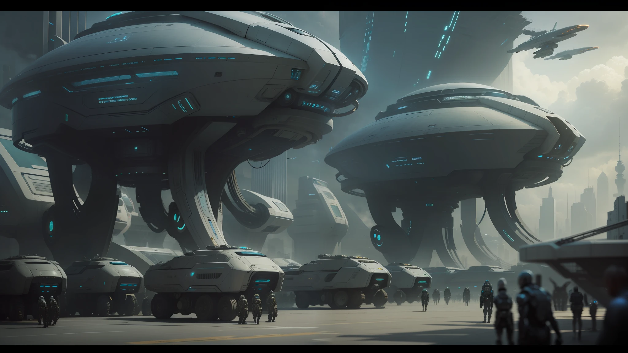futuristic city with giant alien creatures and people walking on the street, still frame from prometheus, large arrays, an concept art of the tau queen, retro spaceships parked outside, inside a futuristic army base, flying machines, psytrance, post - apokalyptic, symmetry ; photorealistic --auto --s2