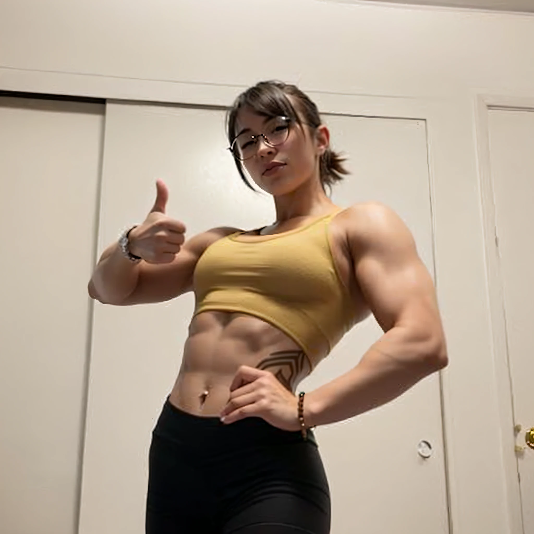 arafed woman in a yellow sports bra top showing a thumbs up, fit pic, posing and flexing, muscular!, flexing, strong pose, showing off biceps, muscles, muscular!!, muscle, upper body!!, lean and muscular, ripped, feminine and muscular, strong body, thicc build, lean but muscular, super buff and cool, muscular!!!
