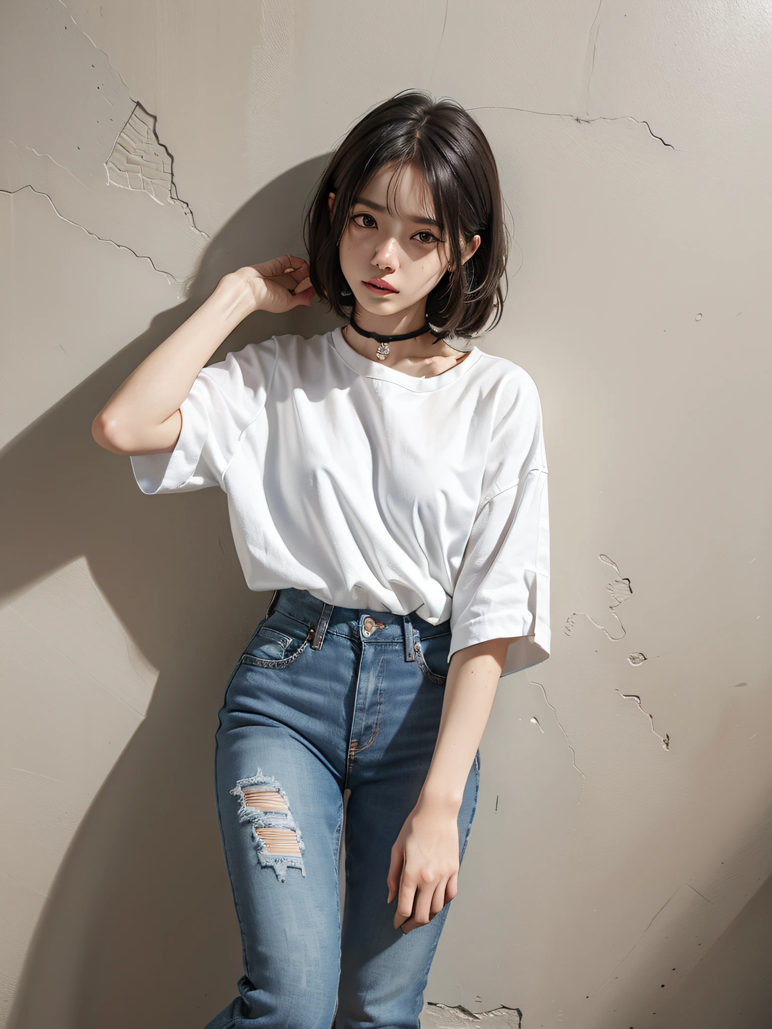 Absurd, top quality, 1 girl, solo, ((Alafed woman standing in front of a brick wall with purse, simple style, white shirt and jeans, Chie Yoshii style, white shirt and blue jeans, Kentaro Miura style!!!!, simple clothes, Tsubasa Nakai's style, simple style, minimalistic!! Simple, Lenanounen Style 3/4, Styling, Full Body)), Choker, (Graffiti: 1.5), Splatters of paint, Paint Doodles, Arms Thrown Back, (Leaning Forward), Lean Back, Leaning Against the Wall, (Tilting to the Side: 0.25), Watch the Viewer, Armbands, Thigh straps, Striped Hair, ((Paint on the body other than the face)), Eyes directed upwards, Head down, Head tilted, (from the side: 0.75), boring, (expressionless: 0.75 masterpiece, flat background