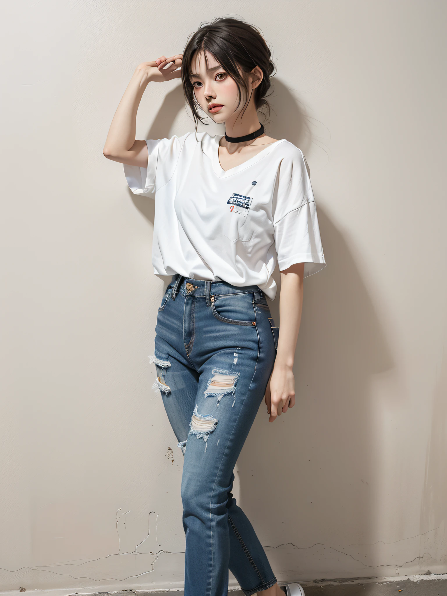 Absurd, top quality, 1 girl, solo, ((Alafed woman standing in front of a brick wall with purse, simple style, white shirt and jeans, Chie Yoshii style, white shirt and blue jeans, Kentaro Miura style!!!!, simple clothes, Tsubasa Nakai's style, simple style, minimalistic!! Simple, Lenanounen Style 3/4, Styling, Full Body)), Choker, (Graffiti: 1.5), Splatters of paint, Paint Doodles, Arms Thrown Back, (Leaning Forward), Lean Back, Leaning Against the Wall, (Tilting to the Side: 0.25), Watch the Viewer, Armbands, Thigh straps, Striped Hair, ((Paint on the body other than the face)), Eyes directed upwards, Head down, Head tilted, (from the side: 0.75), boring, (expressionless: 0.75 masterpiece, flat background