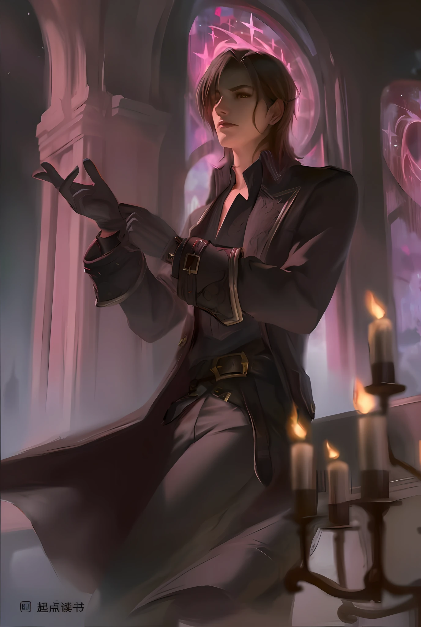 Absurd Resolution, High Resolution, Reflection, Refraction:1.4 Ultra Detailed:1.0 (Illustration, Line Drawing), Masterpiece, General Plan, Assassin, Bounty Hunter, Cloaked, Dark, Dark Fantasy, Grim Reaper, Black Hair, Dark Image, Dark Look, In Black Coat, In Cathedral, Stained Glass, Boyfriend, Knives, Blades
