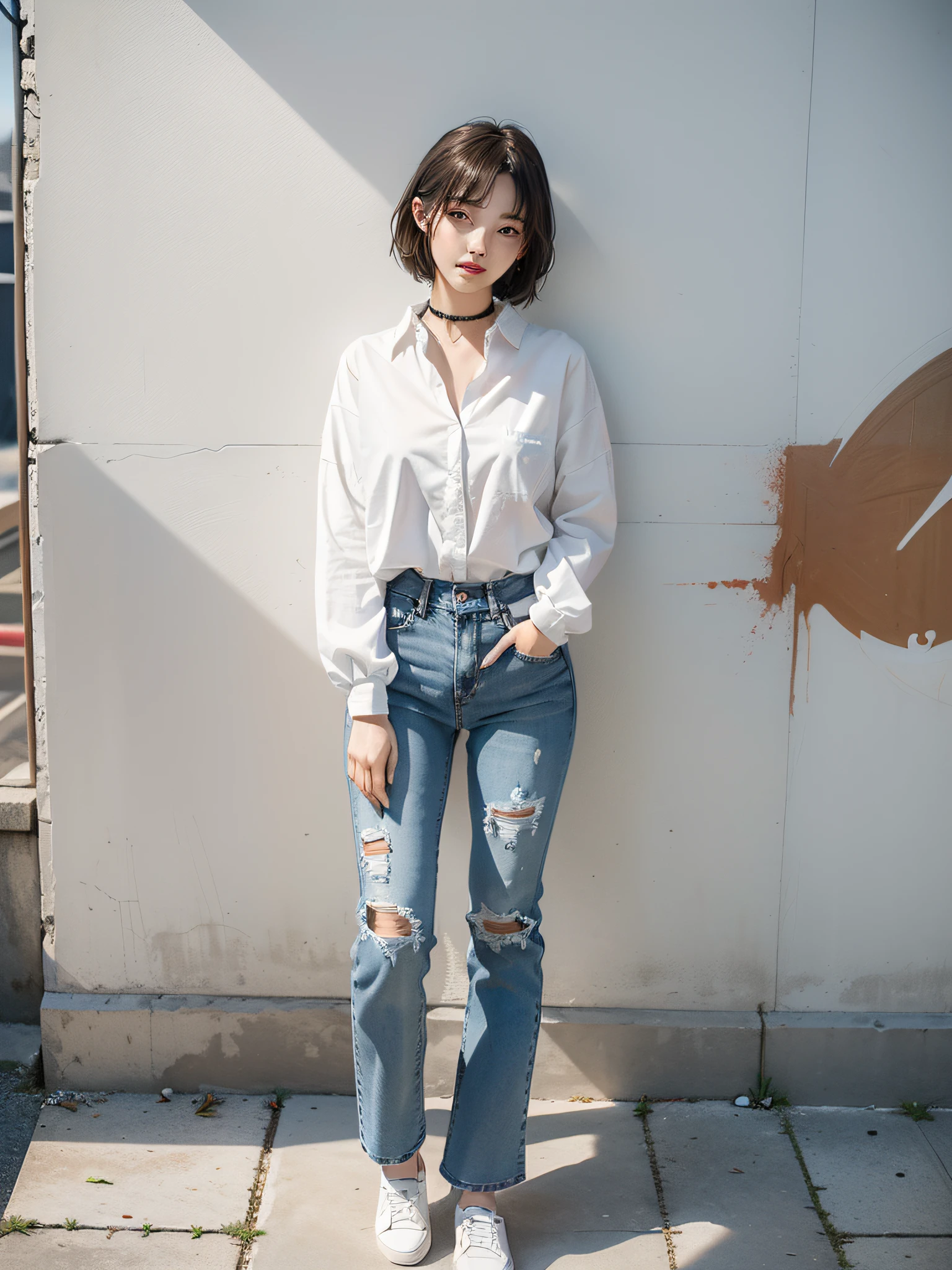 Absurd, top quality, 1 girl, solo, ((Alafed woman standing in front of a brick wall with purse, simple style, white shirt and jeans, Chie Yoshii style, white shirt and blue jeans, Kentaro Miura style!!!!, simple clothes, Tsubasa Nakai's style, simple style, minimalistic!! Simple, Lenanounen Style 3/4, Styling, Full Body)), Choker, (Graffiti: 1.5), Splatters of paint, Paint Doodles, Arms Thrown Back, (Leaning Forward), Lean Back, Leaning Against the Wall, (Tilting to the Side: 0.25), Watch the Viewer, Armbands, Thigh straps, Striped Hair, ((Paint on the body other than the face)), Eyes directed upwards, Head down, Head tilted, (from the side: 0.75), boring, (expressionless: 0.75 masterpiece, flat background