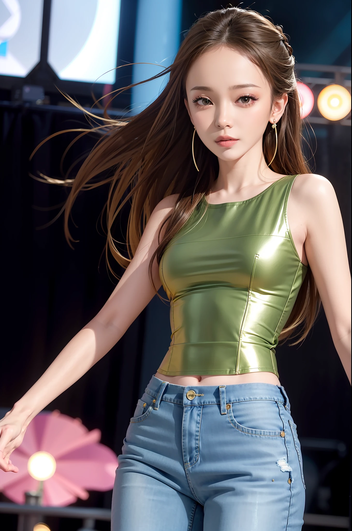 namie amuro, solo, woman, , (parted lips,light smile),(shiny skin:1.1), blush, skindentation, (thin body), tall, long legs, sun tan skin, wearing a green top and jeans barefeet and earrings, looking at the camera looking ahead, on stage portrait, photo referenced, best quality, ultra high res, (photorealistic), (detailed face and eyes),
