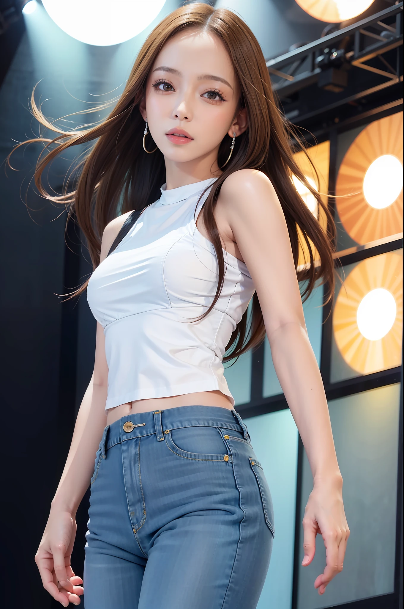 namie amuro, solo, woman, , (parted lips,light smile),(shiny skin:1.1), blush, skindentation, (thin body), tall, long legs, sun tan skin, wearing a green top and jeans barefeet and earrings, looking at the camera looking ahead, on stage portrait, photo referenced, best quality, ultra high res, (photorealistic), (detailed face and eyes),