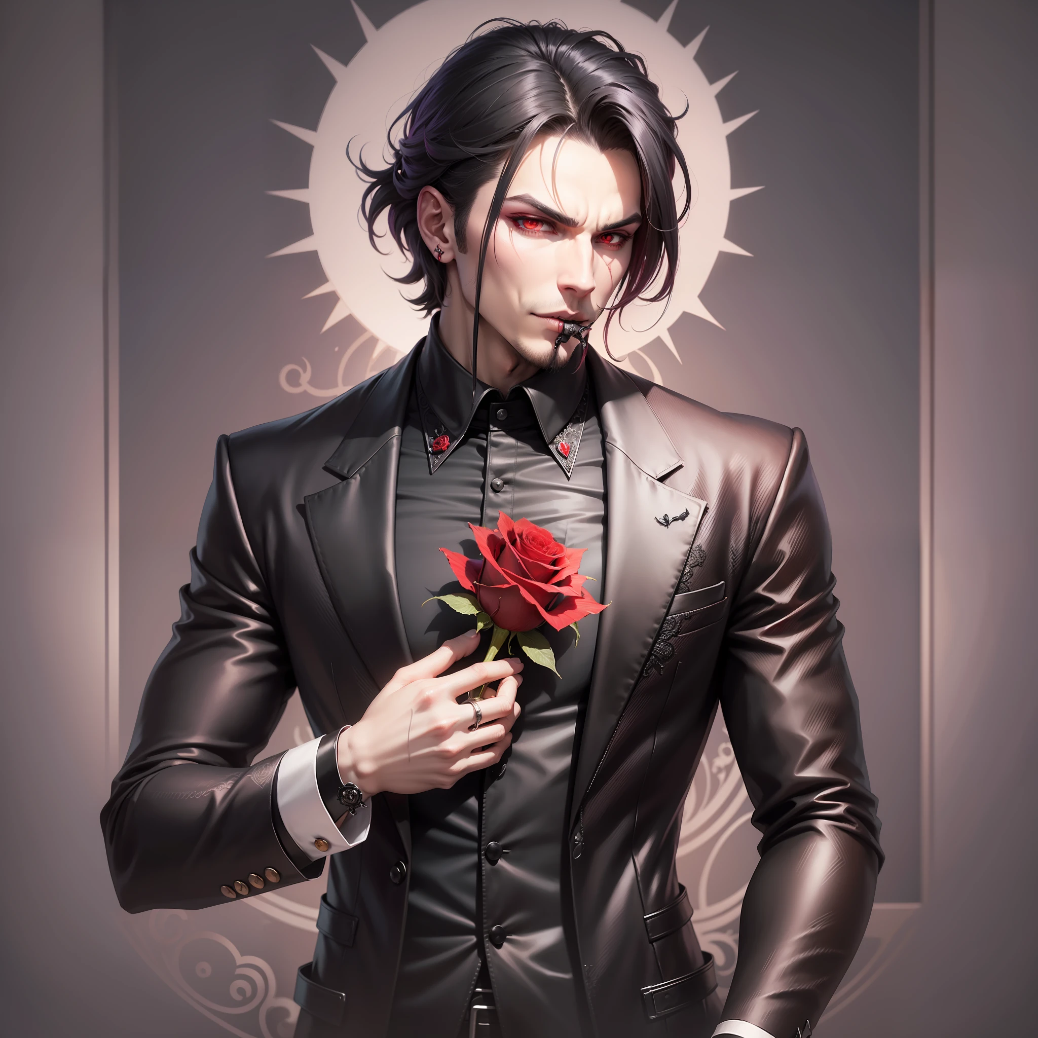 there is a man with a rose in his mouth and a shirt on, evil devious male, male vampire, inspired by Sebastian Vrancx, imvu, inspired by Valentine Hugo, second life avatar, demon male, holding a rose, inspired by Oliver Sin, male vampire of clan banu haqim, inspired by Bálint Kiss