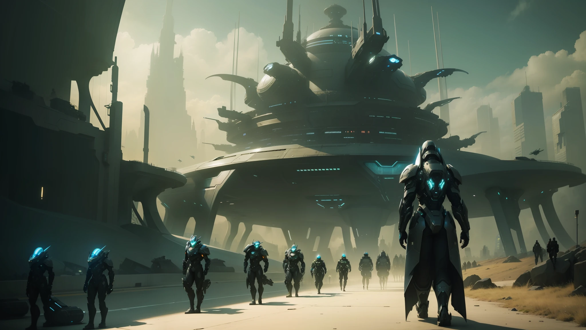 there are many people walking around a futuristic city with a giant alien ship, andree wallin, 2015 cinematography, ufos, symmetry! futuristic robotic, parking lot, alien army, halo / nimbus, by Nathaniel Hone, zerg starcraft, afro futuristic --auto --s2