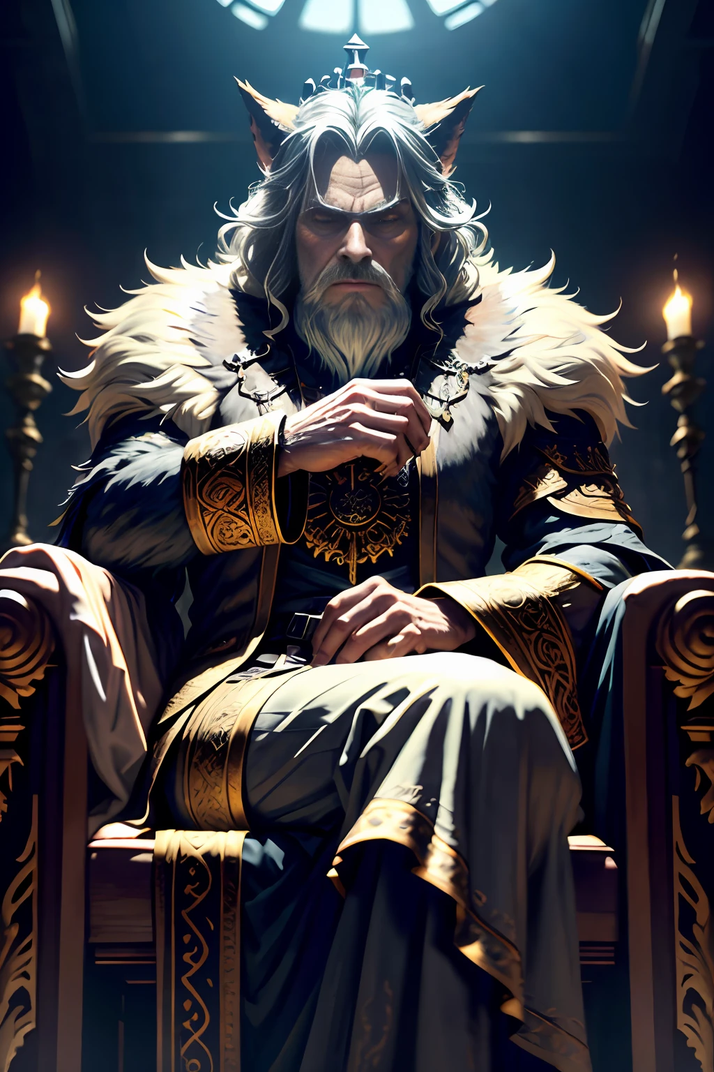 an old Werewolf king sitting on the throne in the heart of The City of Glas, throne is A very humid place full of puddles and leaks, regal, intimidating, ornate armor, regal crown, blurry_background, natural lighting, short twintails hair, looking_at_viewer, solo, highly detailed 8k